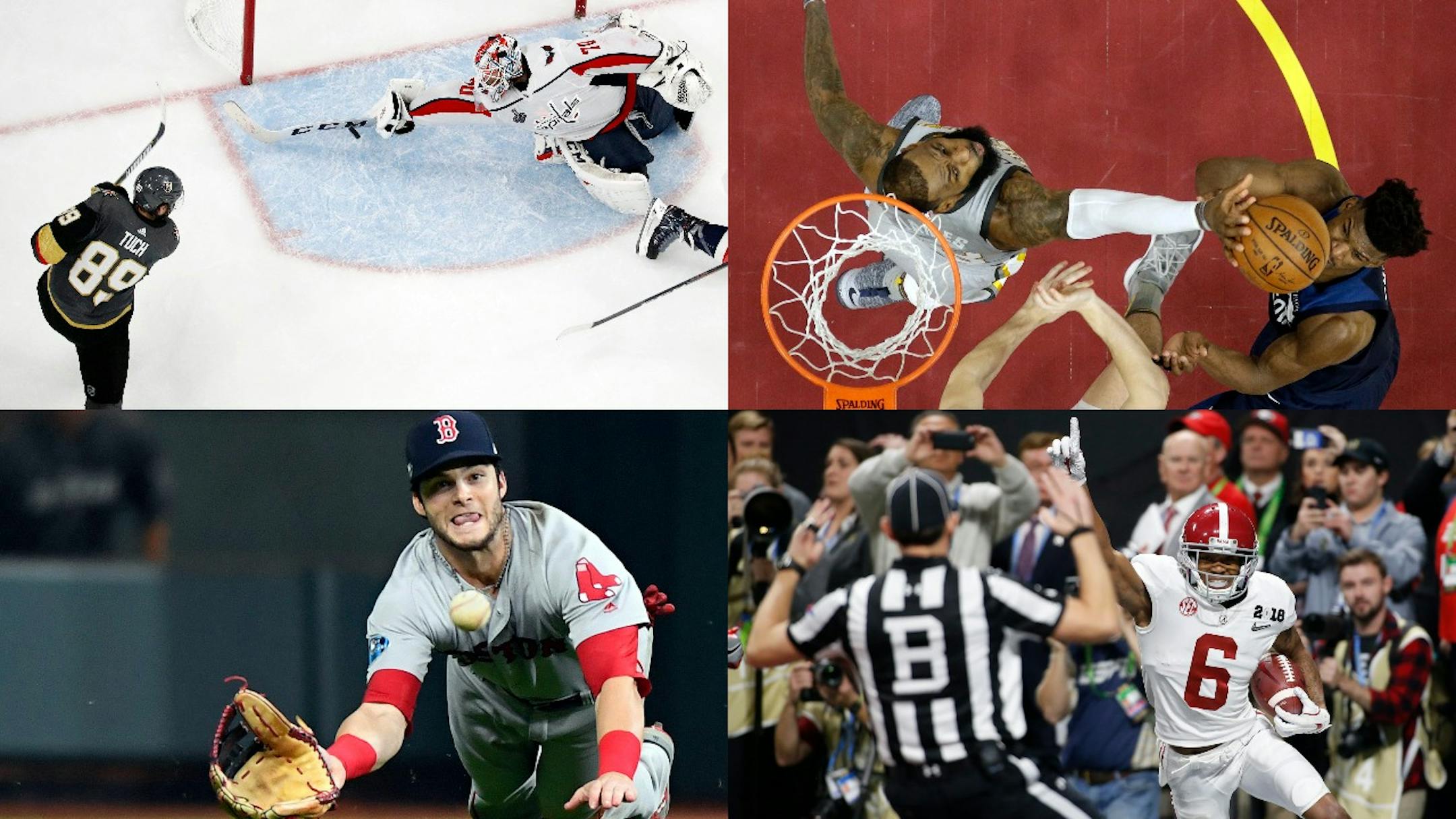 The annual challenge of choosing the national plays of the year led the Associated Press from (clockwise, from top left) No. 10, in which Washington Capitals goalie Braden Holtby redirects a puck and a championship series; through No. 5, where then-Cavaliers star LeBron James teaches a rim-level lesson to then-Wolf Jimmy Butler; past No. 4, in which Alabama freshman quarterback Tua Tagovailoa introduces himself to America; and on to No. 1 and Red Sox outfielder Andrew Benintendi's intersection o