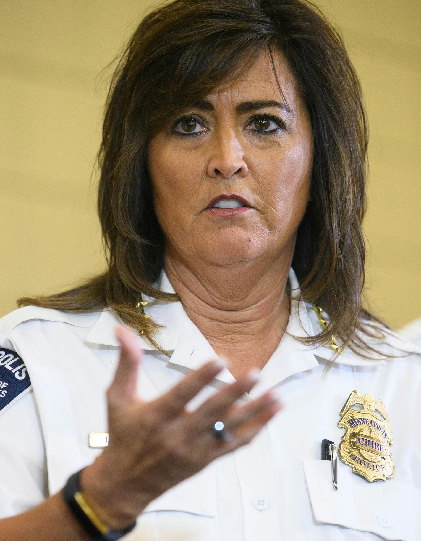 Minneapolis Police Chief Janee Harteau speaks to the media on Thursday, July 20, 2017, at the Emergency Operations Training Facility in Minneapolis. (Aaron Lavinsky/Minneapolis Star Tribune/TNS)