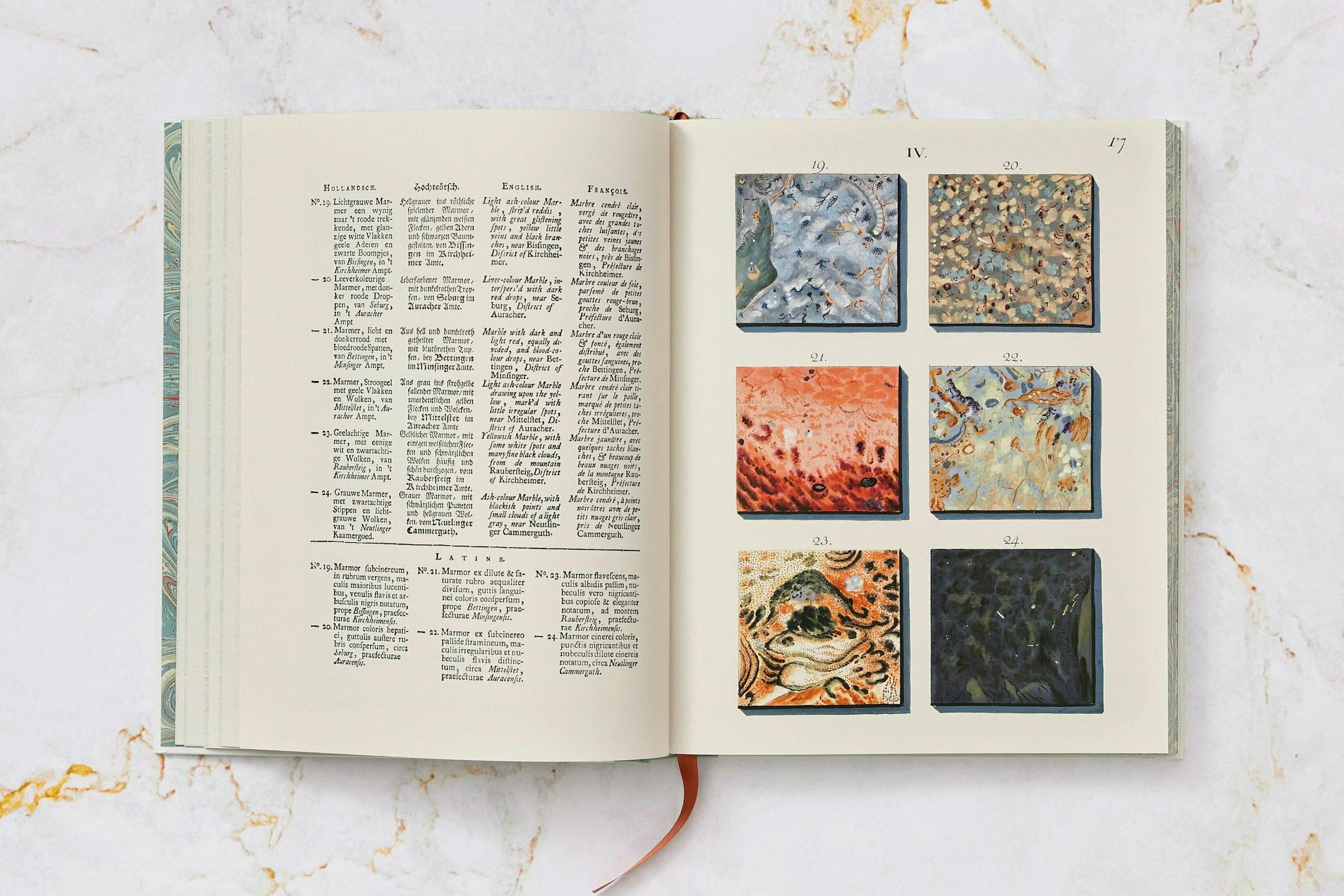 "The Book of Marble" from Taschen, a facsimile of an 18th-century work. Its hand-tinted engravings depict about 570 samples of marble. (Handout via The New York Times) — NO SALES; FOR EDITORIAL USE ONLY WITH DESIGN ARCHITECT by EVE M. KAHN of AUG. 31, 2023. ALL OTHER USE PROHIBITED. —
