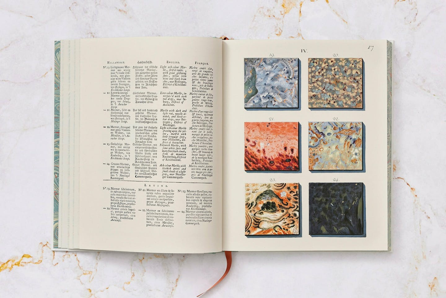 "The Book of Marble" from Taschen, a facsimile of an 18th-century work. Its hand-tinted engravings depict about 570 samples of marble. (Handout via The New York Times) — NO SALES; FOR EDITORIAL USE ONLY WITH DESIGN ARCHITECT by EVE M. KAHN of AUG. 31, 2023. ALL OTHER USE PROHIBITED. —