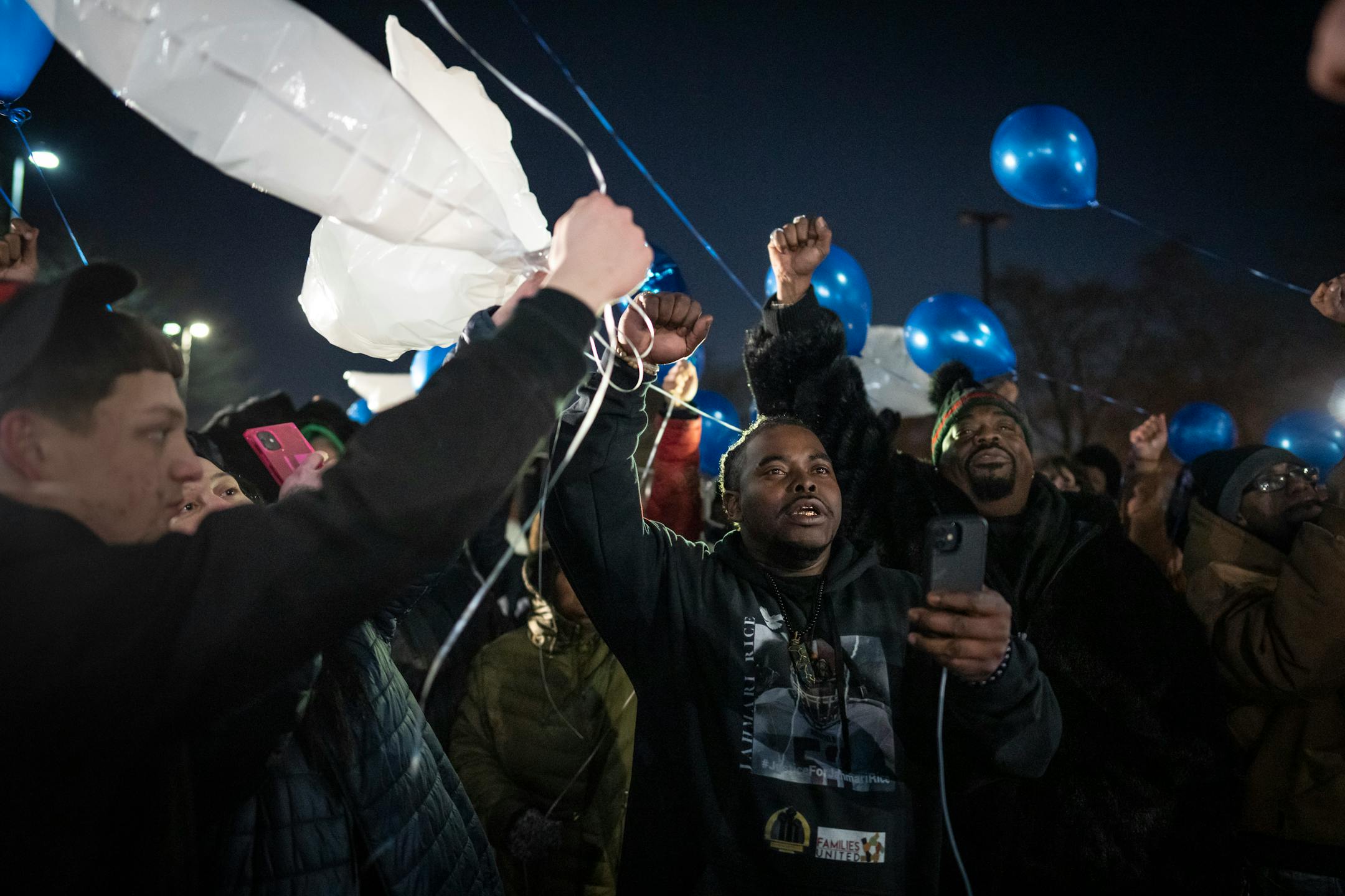 Cortez Rice, father of Jahmari Rice, talks to a crowd of friends, family and teachers of his son as they did a balloon release during a vigil for the one year anniversary of the death of 15-year-old Jahmari Rice outside the school he was shot at in Richfield, Minn, on Wednesday, Feb. 1, 2023.