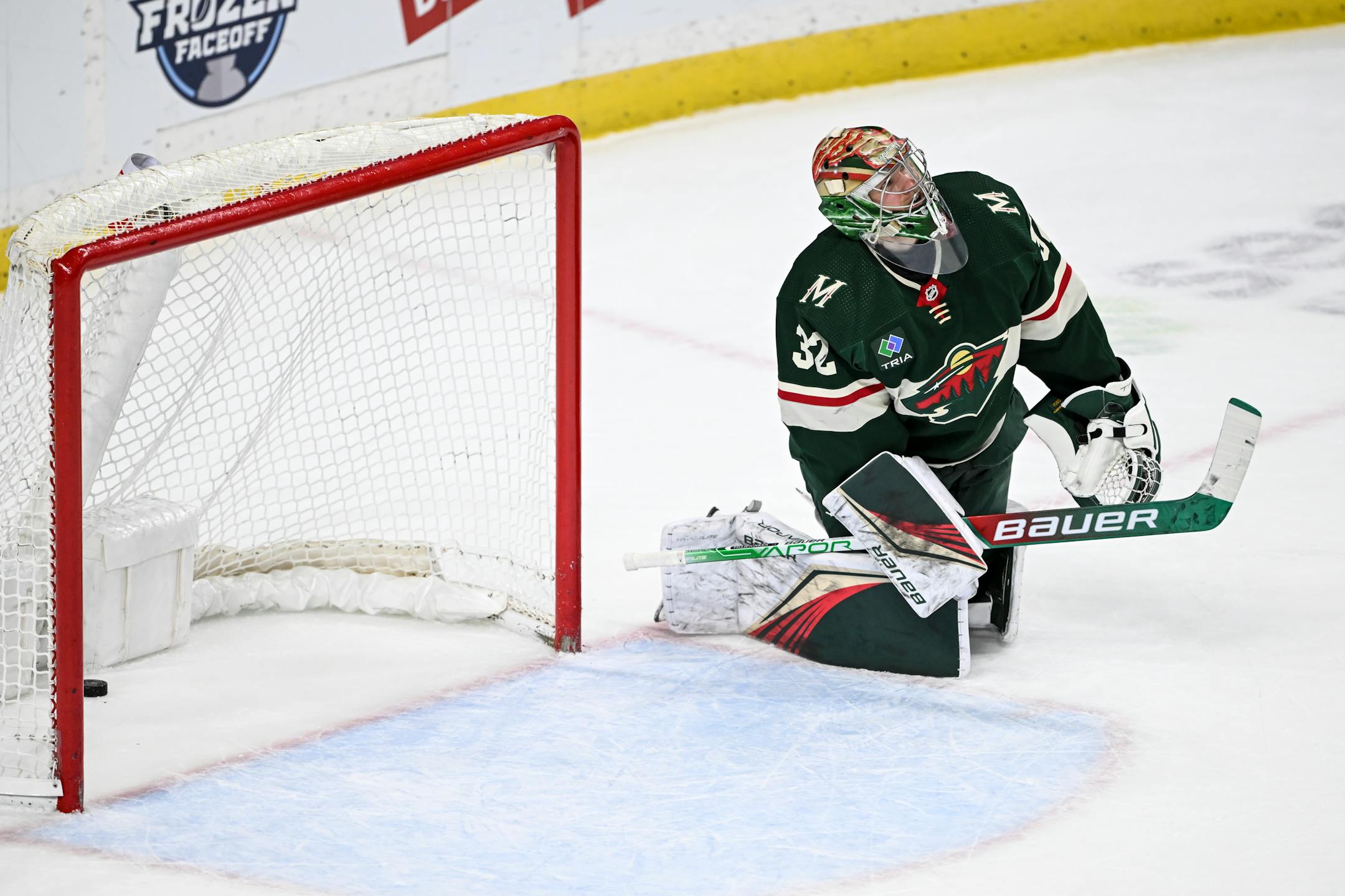 Minnesota Wild goaltender Filip Gustavsson (32) reacts after allowing the game-winning goal by the Calgary Flames during a sudden death shootout.