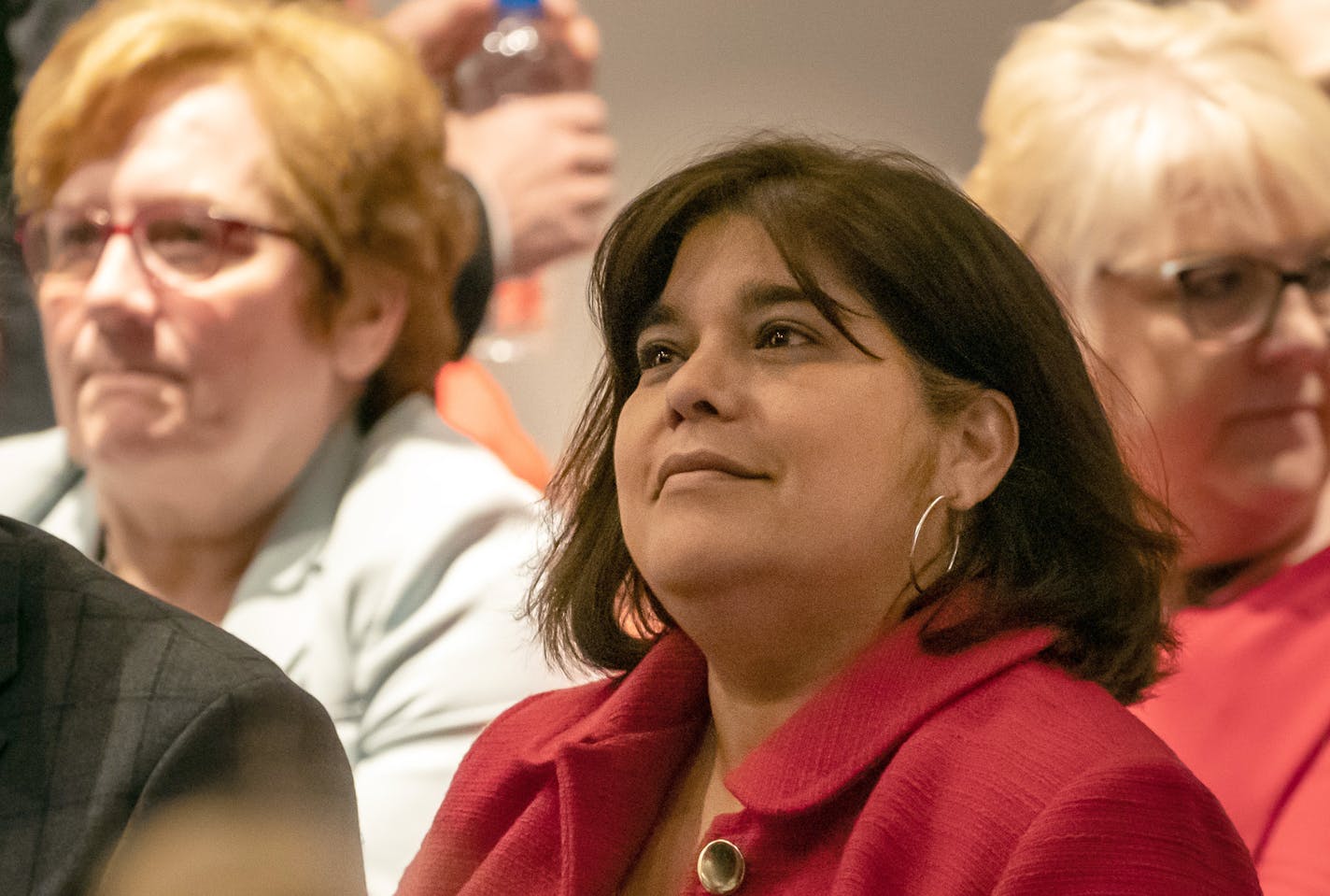 Minneapolis city coordinator Nuria Rivera-Vandermyde listened as Minneapolis Mayor Jacob Frey delivered his second State of the City address in April 2019.