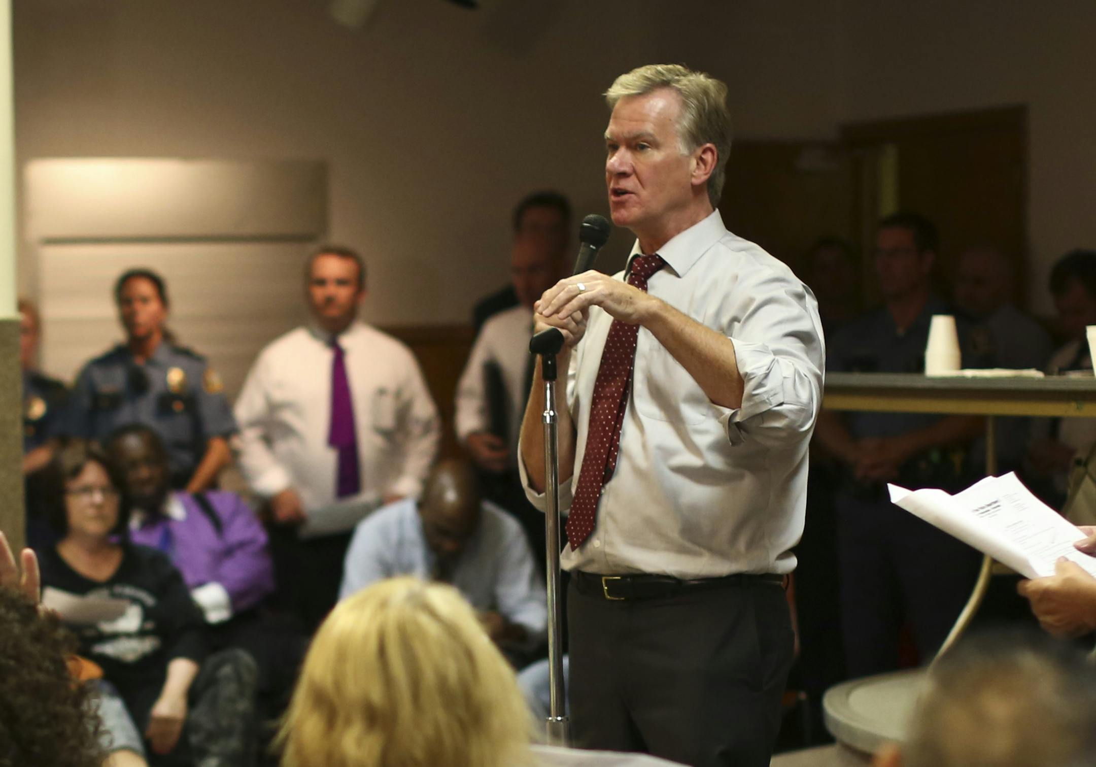 St. Paul Mayor Chris Coleman spoke to a crowd of about 500 people during the community meeting. Coleman, running for re-election, promised to focus more resources on the city’s East Side.