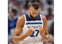 Wolves center Rudy Gobert reacts after being called for a foul in the fourth quarter by referee Scott Foster on Sunday night at Target Center.