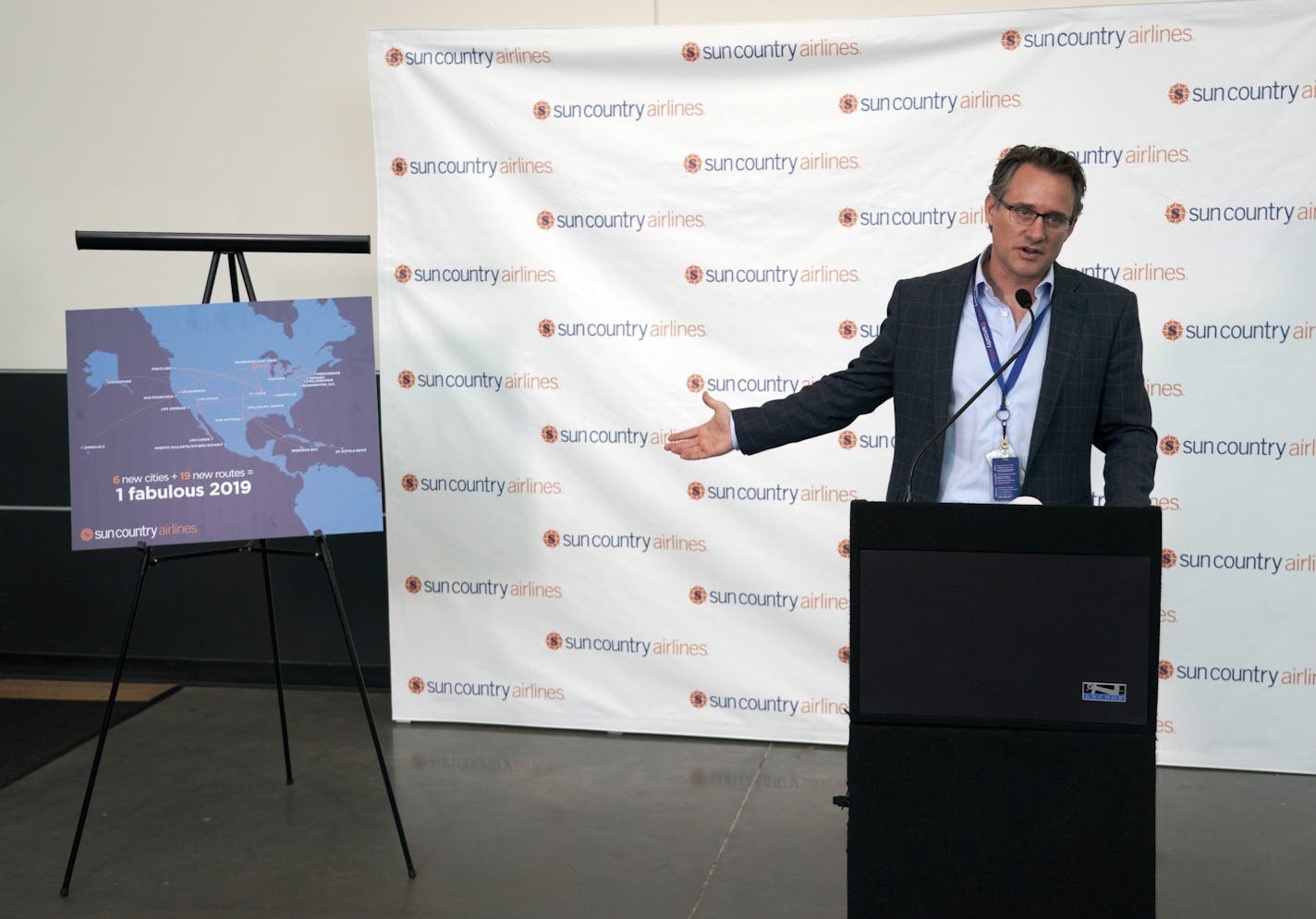 CEO of Sun Country, Jude Bricker, announced the airline's route expansion to eight new routes from MSP and 11 new routes at other U.S. airports.