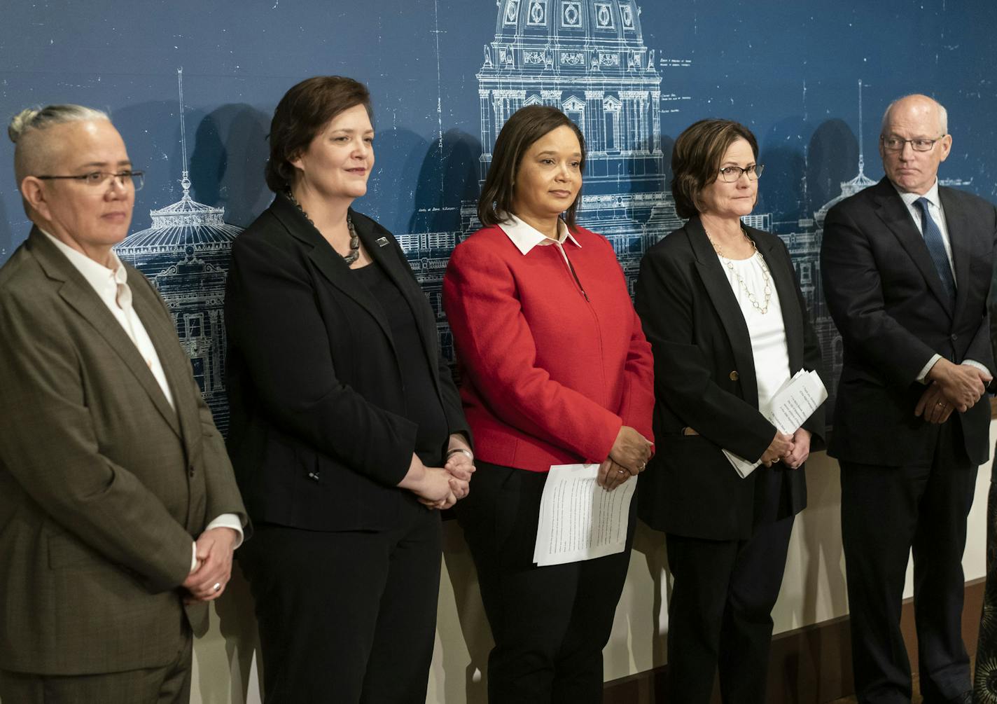 From the left Jennifer Ho, Housing Finance Agency, Margaret Anderson Kelliher, Department of Transportation, Alice Roberts-Davis, Department of Administration, Nora Slawik, Metropolitan Council, and Myron Frans, Department of Management, photographed at the State Capitol in St. Paul, Minn., on December 18, 2018. ] RENEE JONES SCHNEIDER &#x2022; renee.jones@startribune.com