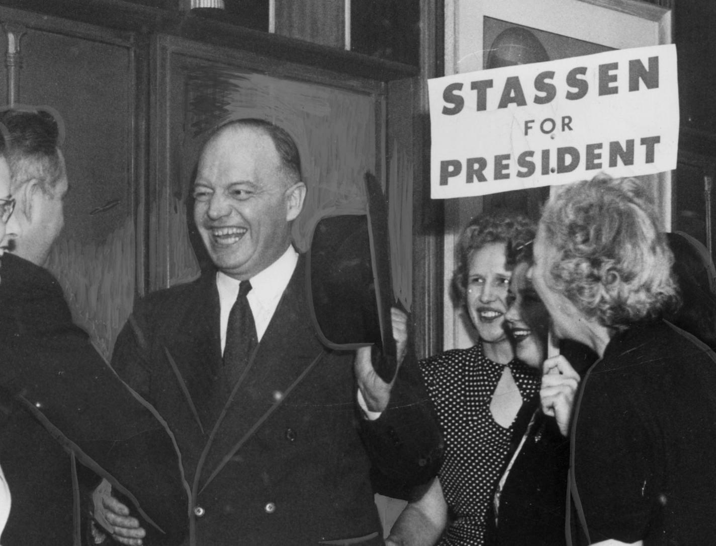 Wednesday, April 7, 1948 (ran Thurs April 8, Minneapolis Tribune) -- Volunteers at the Stassen-for-President headquarters in the Pillsbury Building greet their candidate as he returns victorious from the Wisconsin presidential primary. Grasping Stassen's arm is Warren Burger, campaign director (later on US Supreme Court).