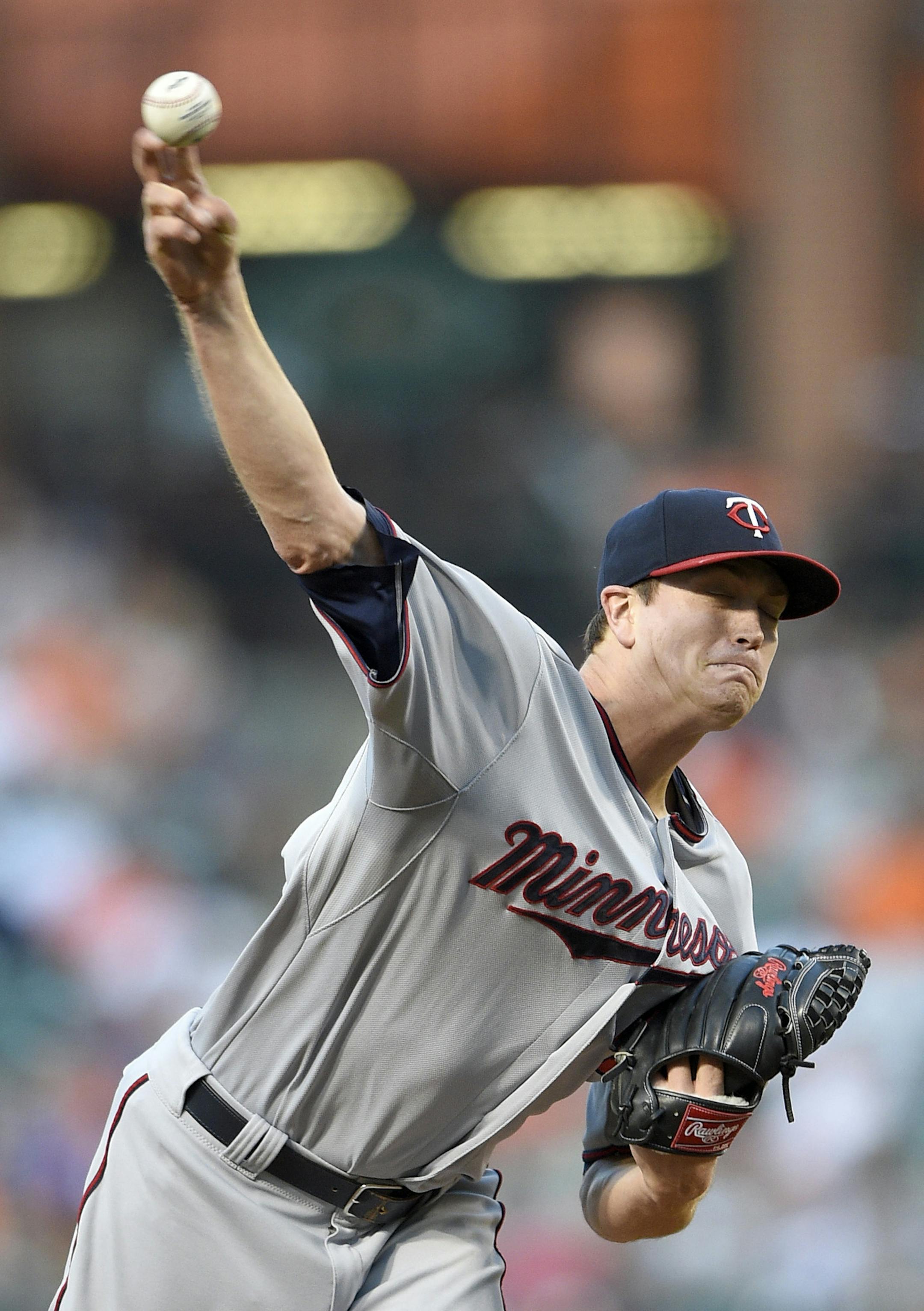 Minnesota Twins starting pitcher Kyle Gibson throws to a Baltimore Orioles batter during the first inning of a baseball game, Saturday, Aug. 22, 2015, in Baltimore. (AP Photo/Nick Wass)