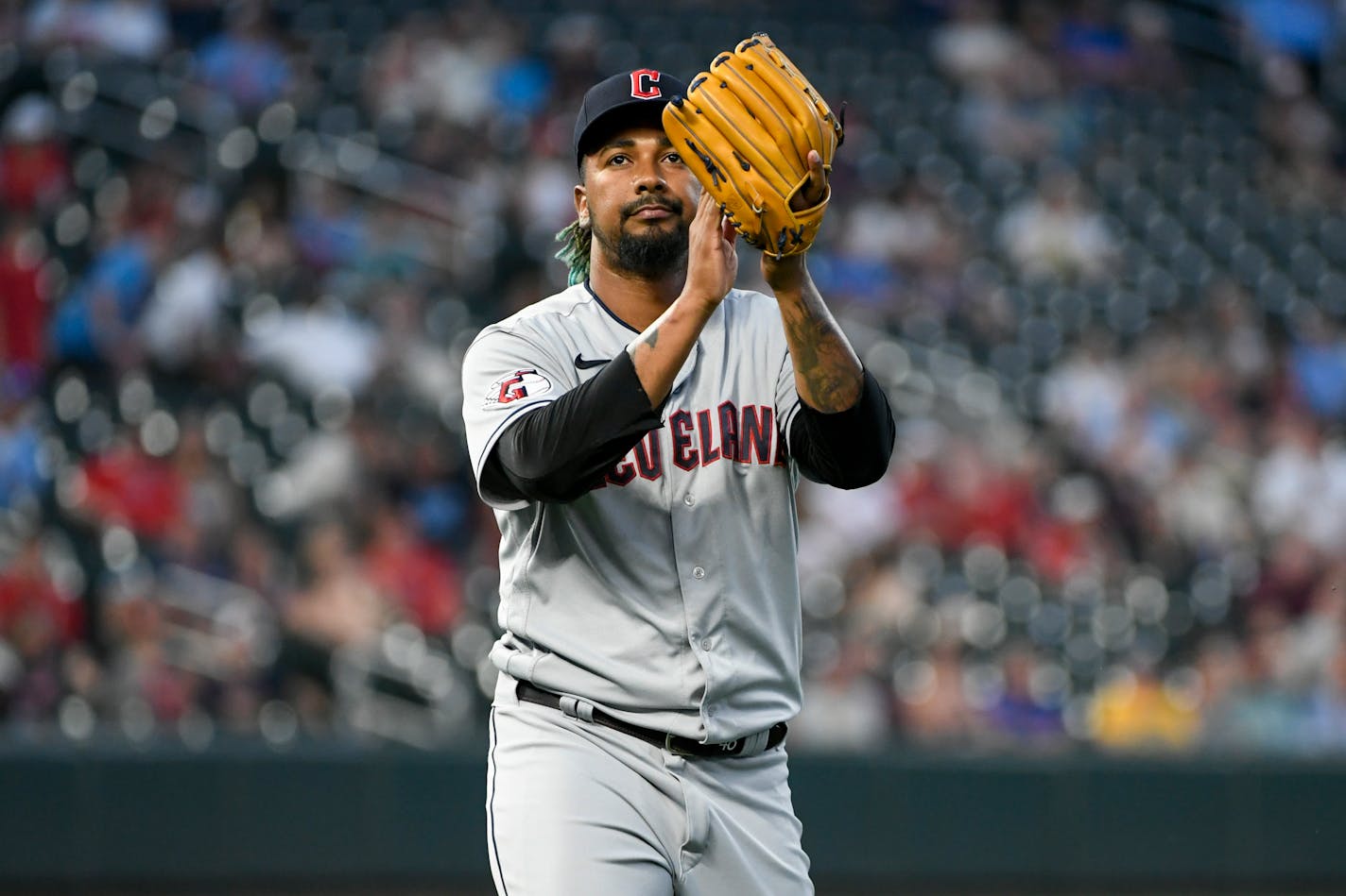 Cleveland Guardians pitcher Emmanuel Clase celebrates after defeating the Minnesota Twins in a baseball game, Saturday, June 3, 2023, in Minneapolis. (AP Photo/Craig Lassig)