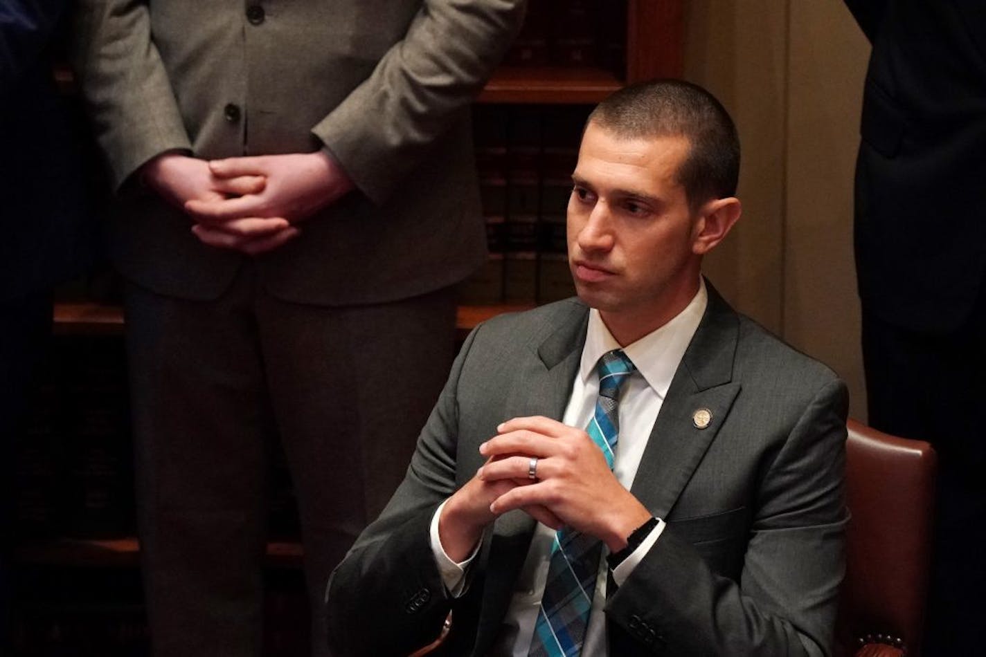 Sen. Jeremy Miller, R-Winona, listened as he was nominated for Senate president in the on the first day of the 2019 legislative session.