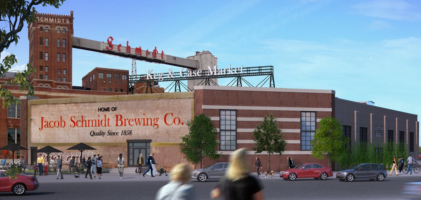 A rendering of the exterior of the Keg & Case Market at the Schmidt Brewery complex in St. Paul. Image provided by Studio M Architects.