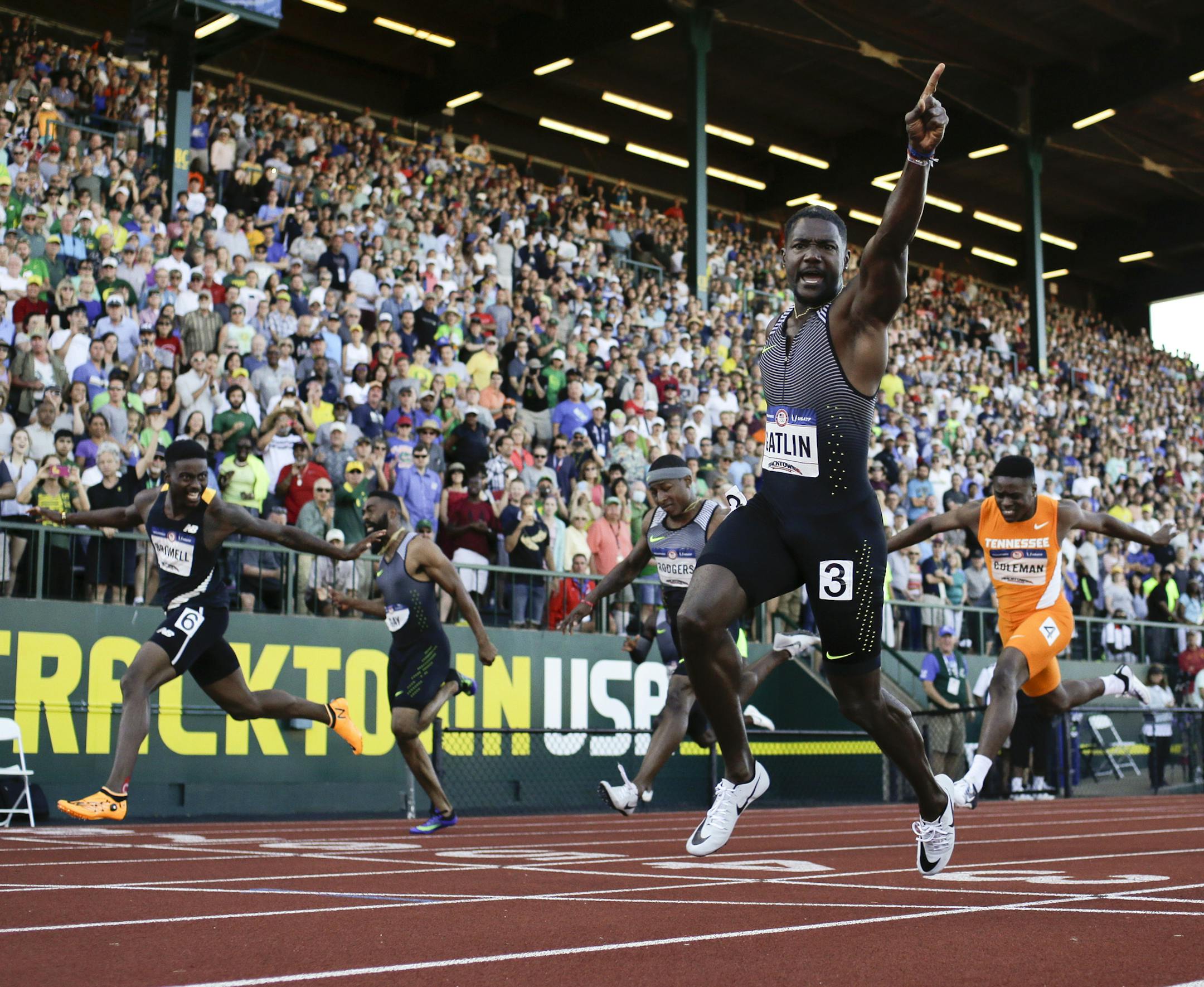 FILE - In this July 3, 2016, file photo, Justin Gatlin reacts after winning the during for men's 100-meter final at the U.S. Olympic Track and Field Trials in Eugene Ore. Gatlin will be competing at the Rio Games. (AP Photo/Matt Slocum)