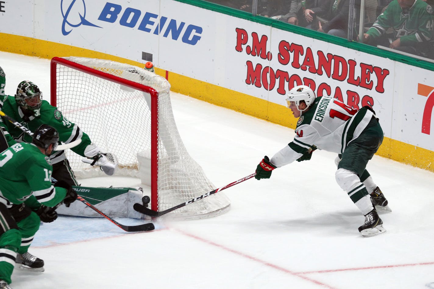 Wild center Joel Eriksson Ek scores the winning goal in the third period against the Dallas Stars