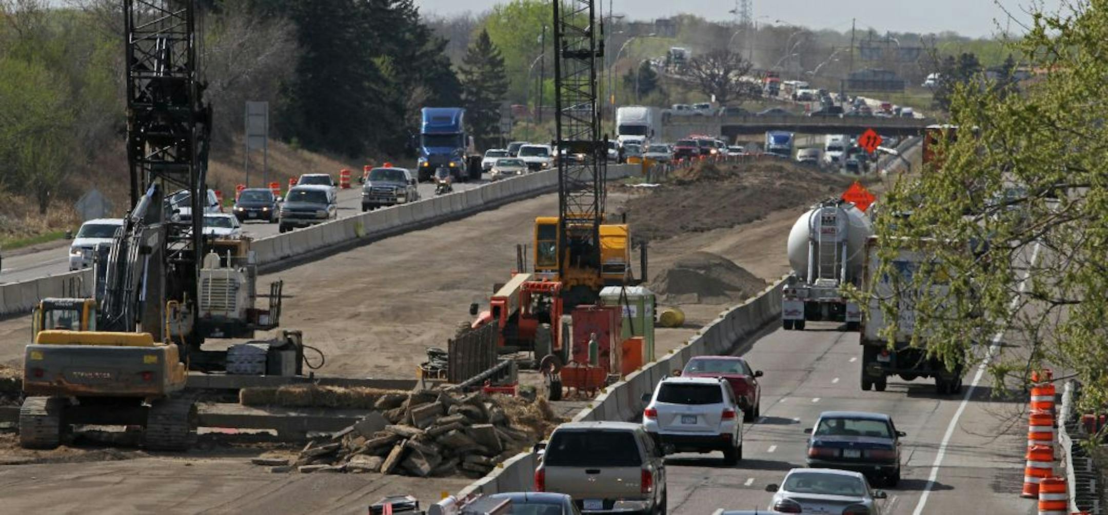 Construction work snarled traffic in both directions on I-694 in Arden Hills on Thursday. Get ready for a season of orange cones and "LANE CLOSED" signs.