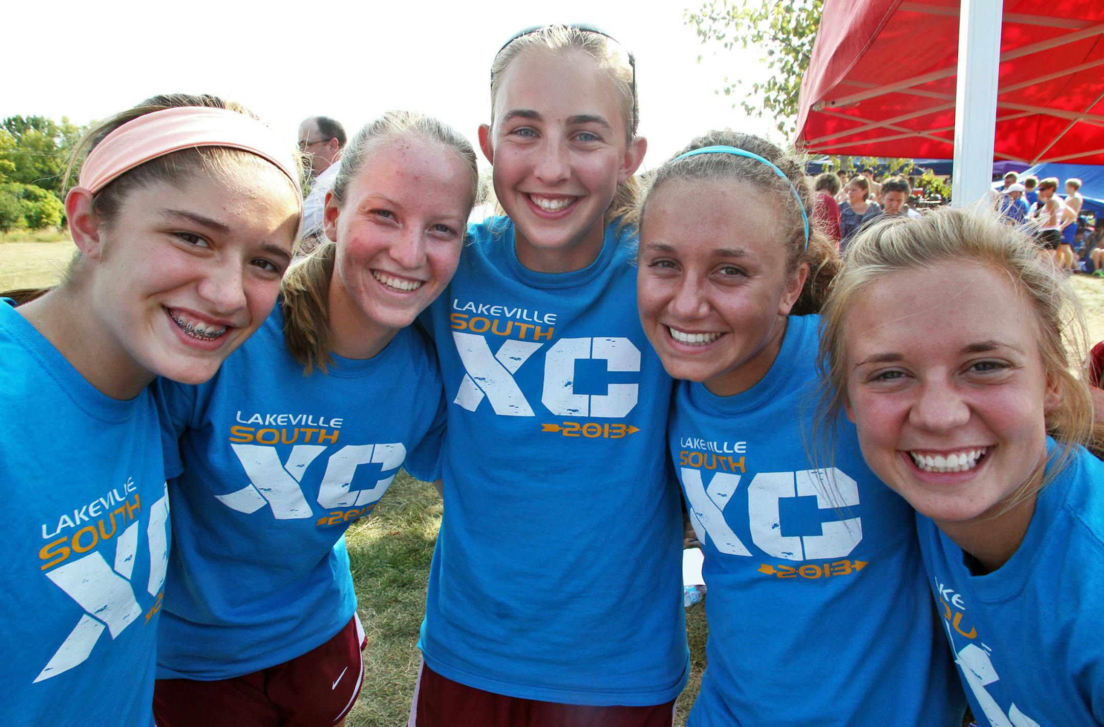 Lakeville South girls cross country team competed recently in the Hopkins Invitational at Gale Woods Farm in Minnetrista. South's top runners Kaytlyn Larson, Erin Killbride, Jenny Machaj, Megan Lubow and Annie Brekken, l-r. (MARLIN LEVISON/STARTRIBUNE(mlevison@startribune.com)