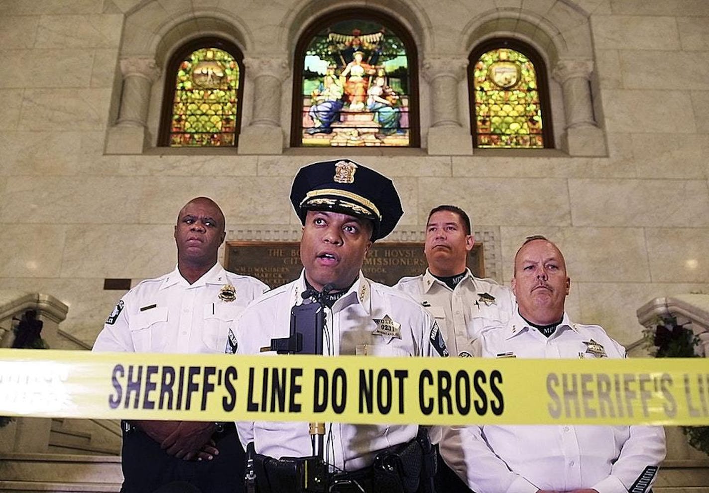 Chief Medaria Arradondo addresses reporters after Monday's shooting at City Hall.