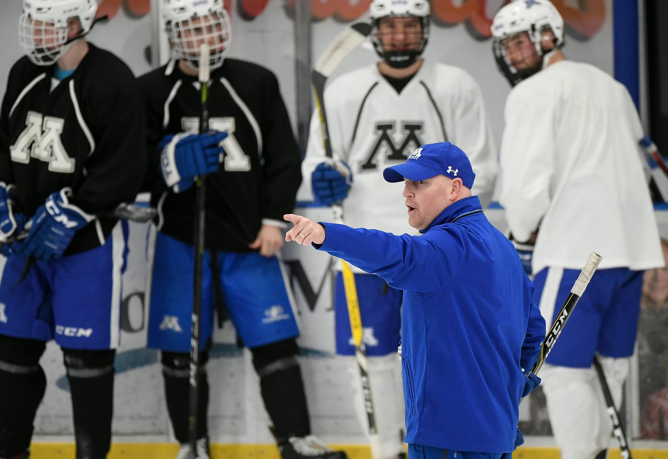 Minnetonka Head Coach Sean Goldsworthy directed his players during practice Tuesday. ] AARON LAVINSKY • aaron.lavinsky@startribune.com West zone feature on Minnetonka boys' hockey, being coached this year by Sean Goldsworthy, son of former North Star Bill Goldsworthy. We photograph a team practice on Tuesday, Dec. 5, 2017 at the Pagel Activity Center at Minnetonka High School.
