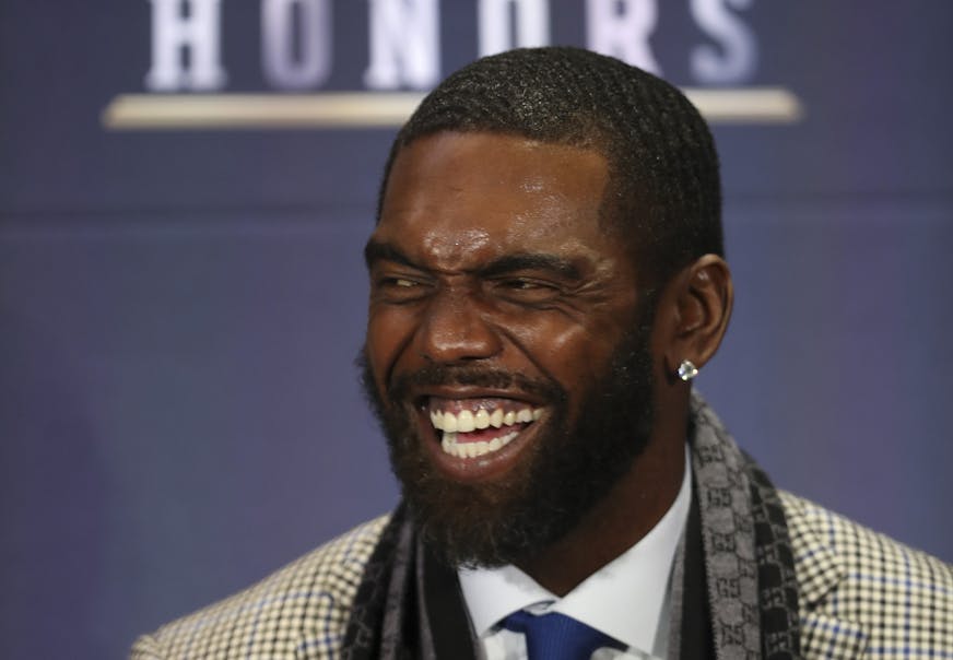 Randy Moss grinned while listening to another inductee to the Pro Football Hall of Fame answer a question. Randy Moss is only the third wide receiver to be selected for the NFL Hall of Fame on the first ballot.