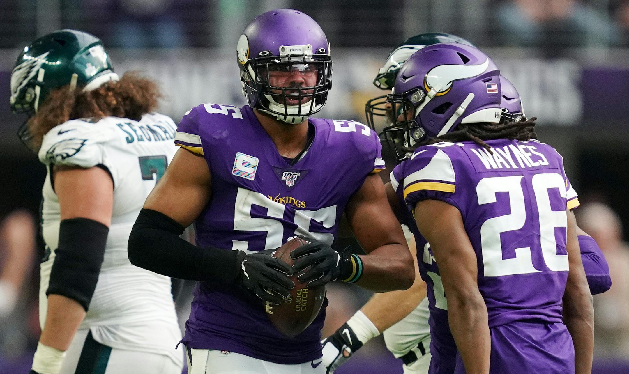 Minnesota Vikings outside linebacker Anthony Barr (55) celebrated after he recovered a fumble in the fourth quarter. ] ANTHONY SOUFFLE &#x2022; anthony.souffle@startribune.com The Minnesota Vikings played the Philadelphia Eagles in an NFL game Sunday, Oct. 13, 2019 at U.S. Bank Stadium in Minneapolis.