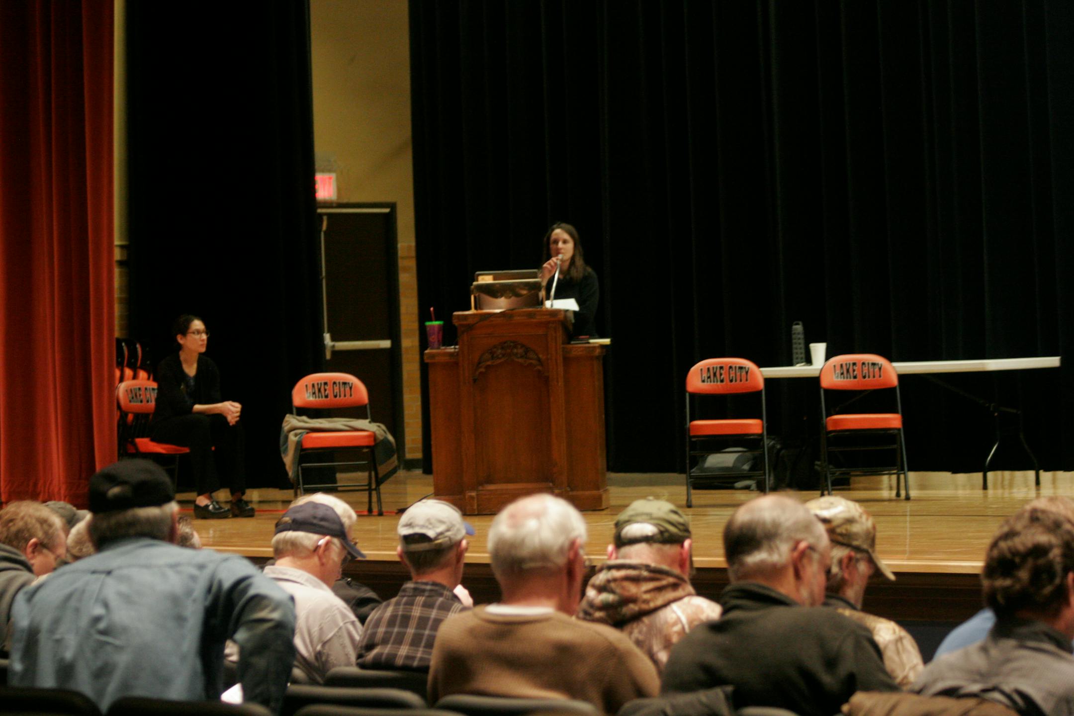The DNR's Leslie McInenly explained deer population goal setting procedures to about 100 whitetail hunters on Wednesday night at Lake City.