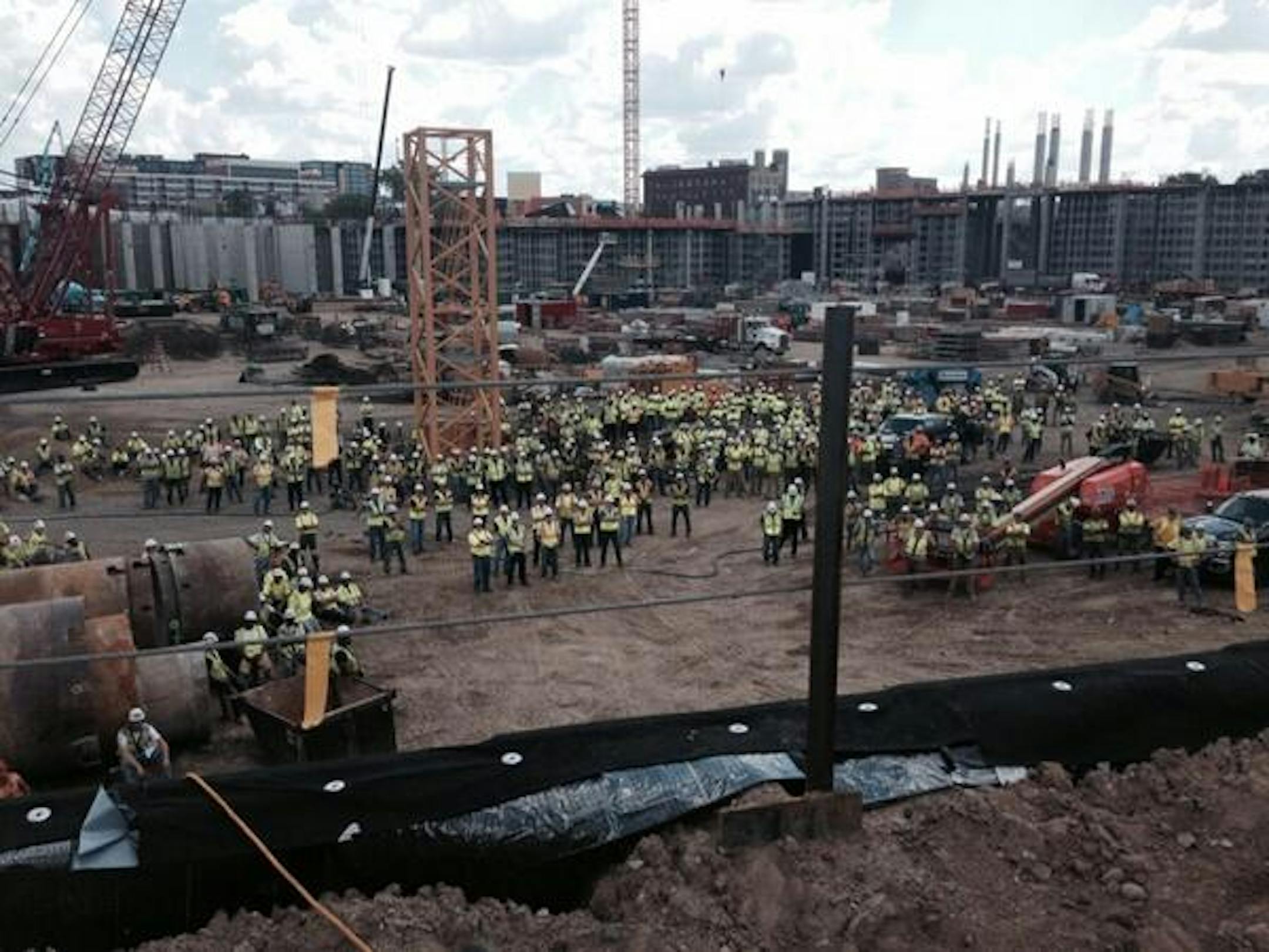 About 350 workers at the Vikings stadium site in Minneapols watched the Capital Safety presentation on Wednesday. Photo from Minnesota Sports Facilities Authority.