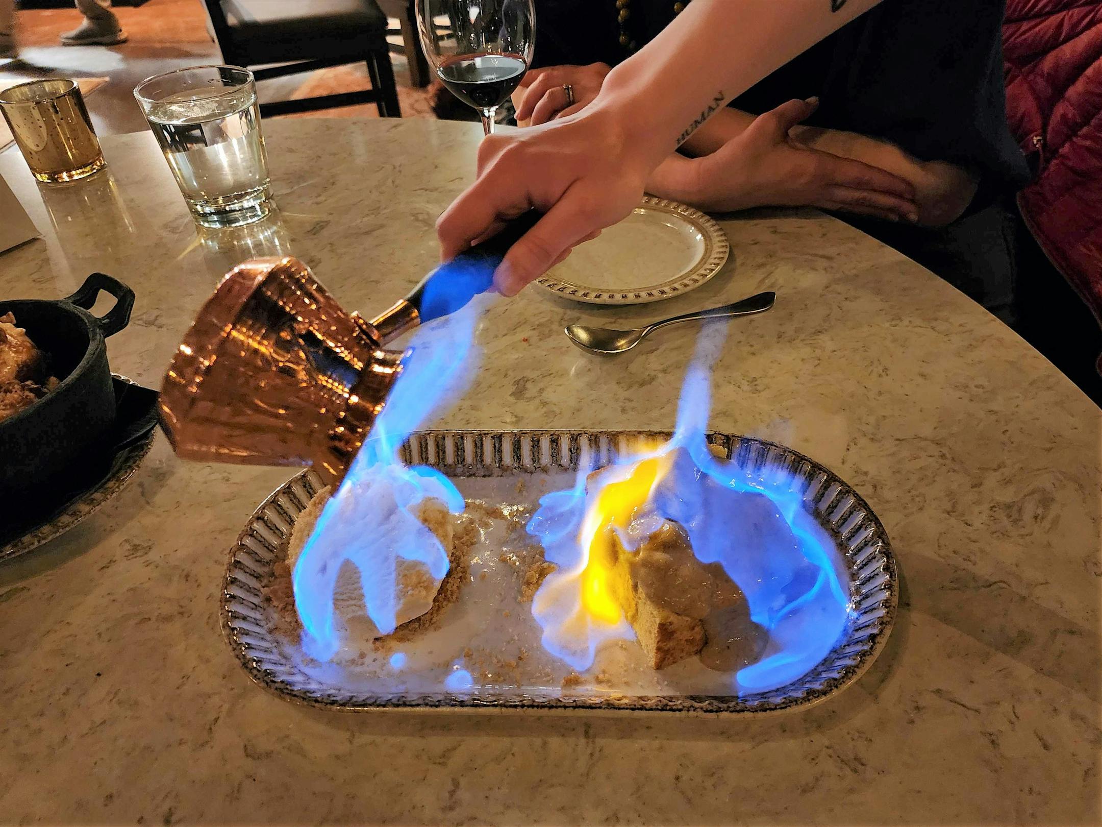Tableside bananas foster at Butcher &amp; the Boar.