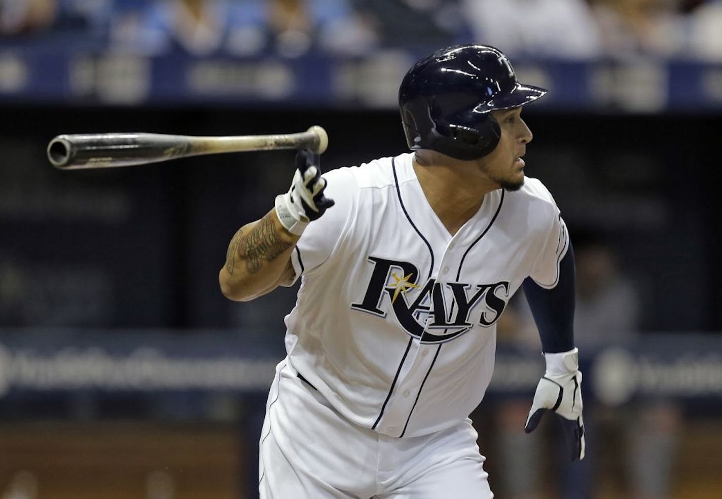 Tampa Bay Rays' Oswaldo Arcia flips his bat after a double off Boston Red Sox starting pitcher Eduardo Rodriguez during the third inning of a baseball game Monday, June 27, 2016, in St. Petersburg, Fla.