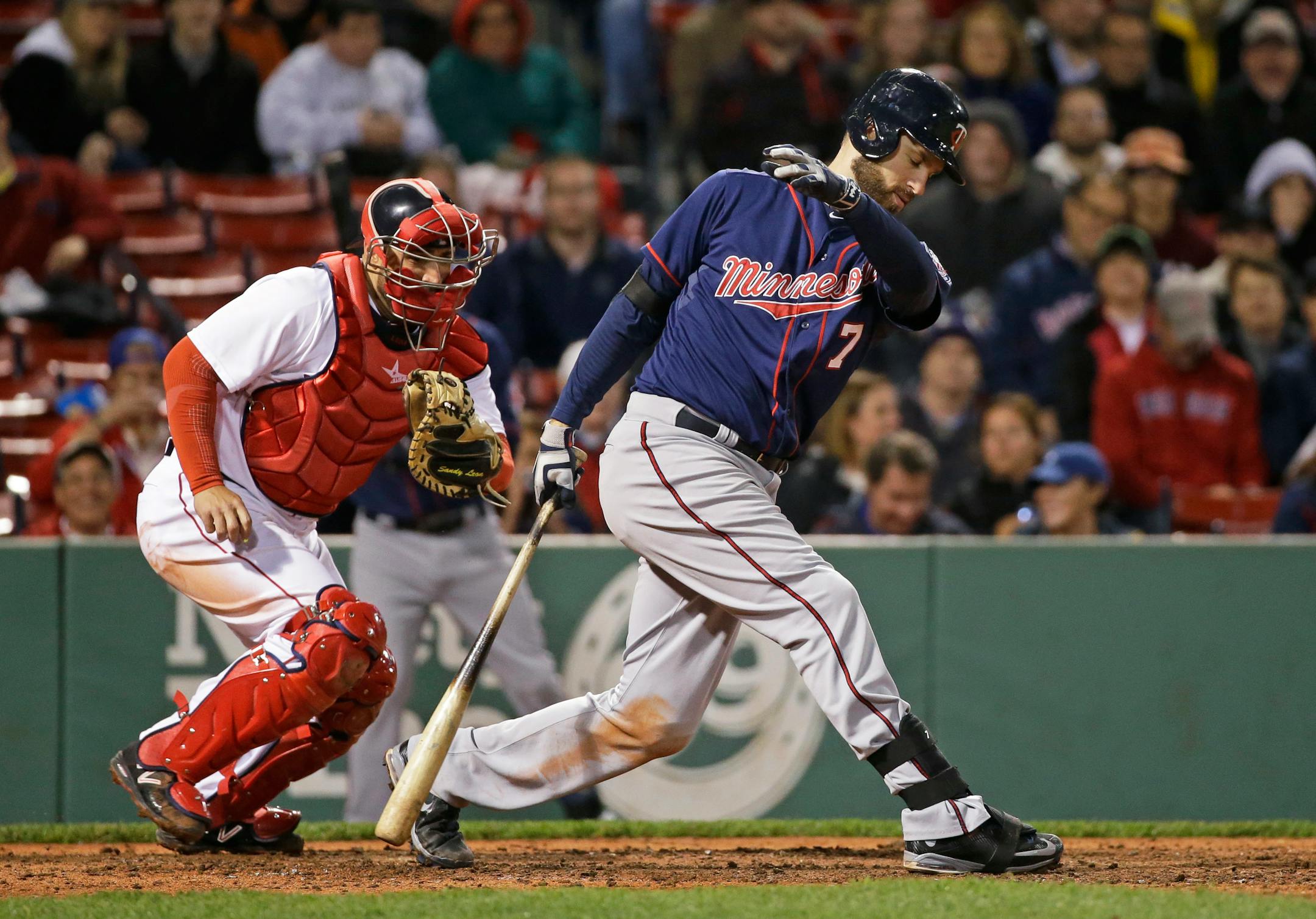Minnesota Twins' Joe Mauer strikes out in Boston last June. Twins hitters have still struck out more than any teams but the Astros and Cubs over the past three years.