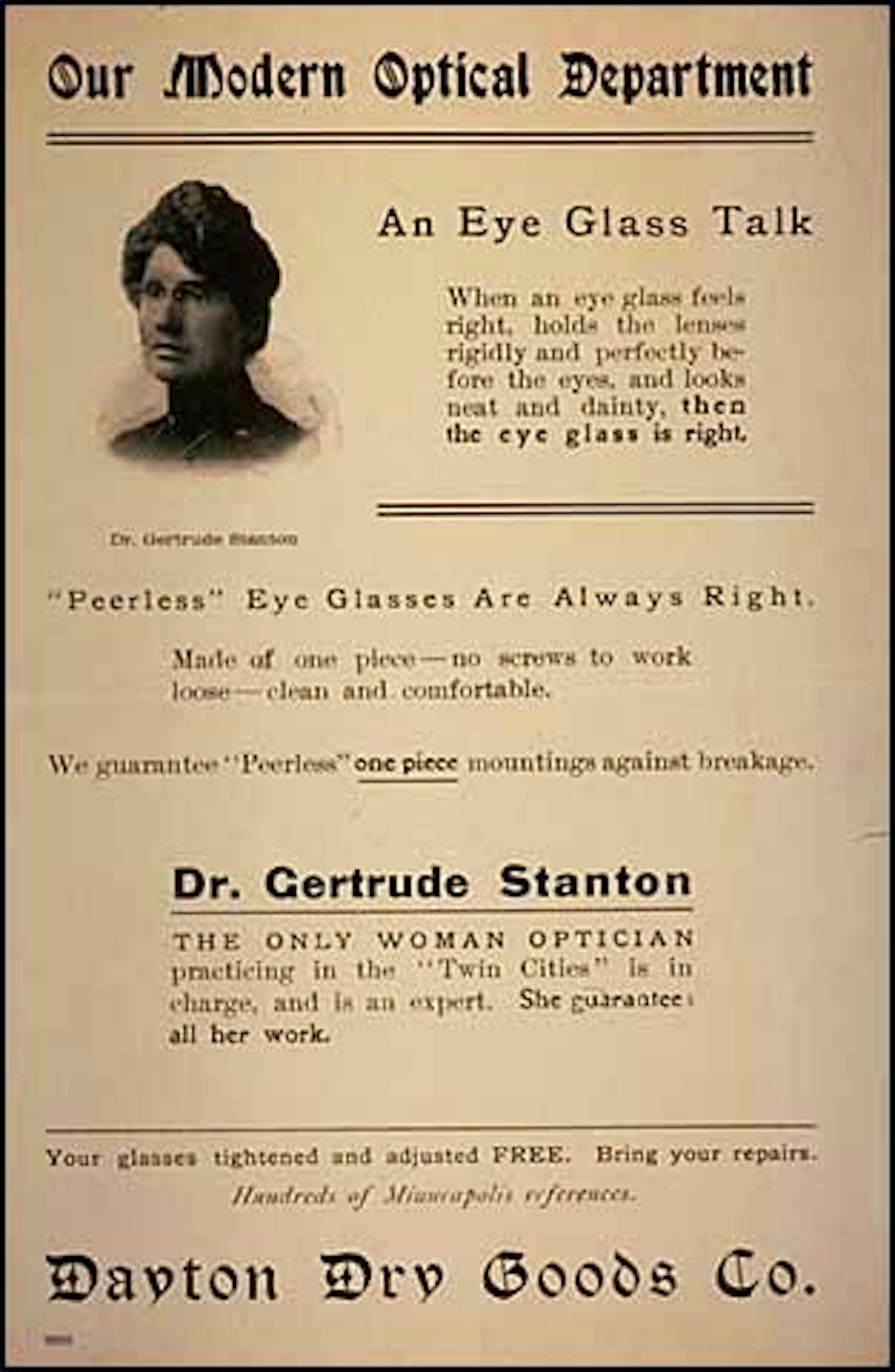 Dayton optometry handbill, advertising Gertrude Stanton's offices