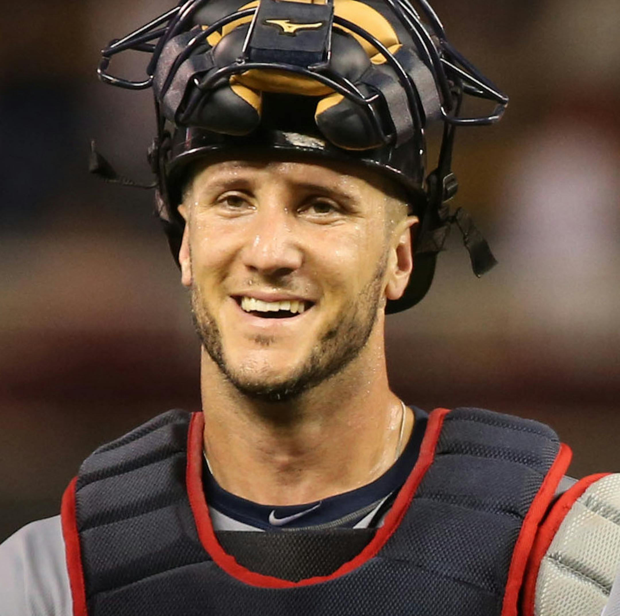 Cleveland pitcher Corey Kluber and catcher Yan Gomes celebrated after winning the game. ] (KYNDELL HARKNESS/STAR TRIBUNE) kyndell.harkness@startribune.com Twins vs Cleveland in Minneapolis , Min., Friday August 14, 2015. Cleveland won over Twins 6-1.