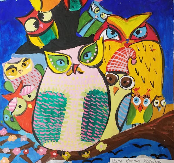 Minnesota’s International Owl Center is hosting a benefit auction that includes this painting (shown as a detail) by a 10-year-old Ukrainian girl.