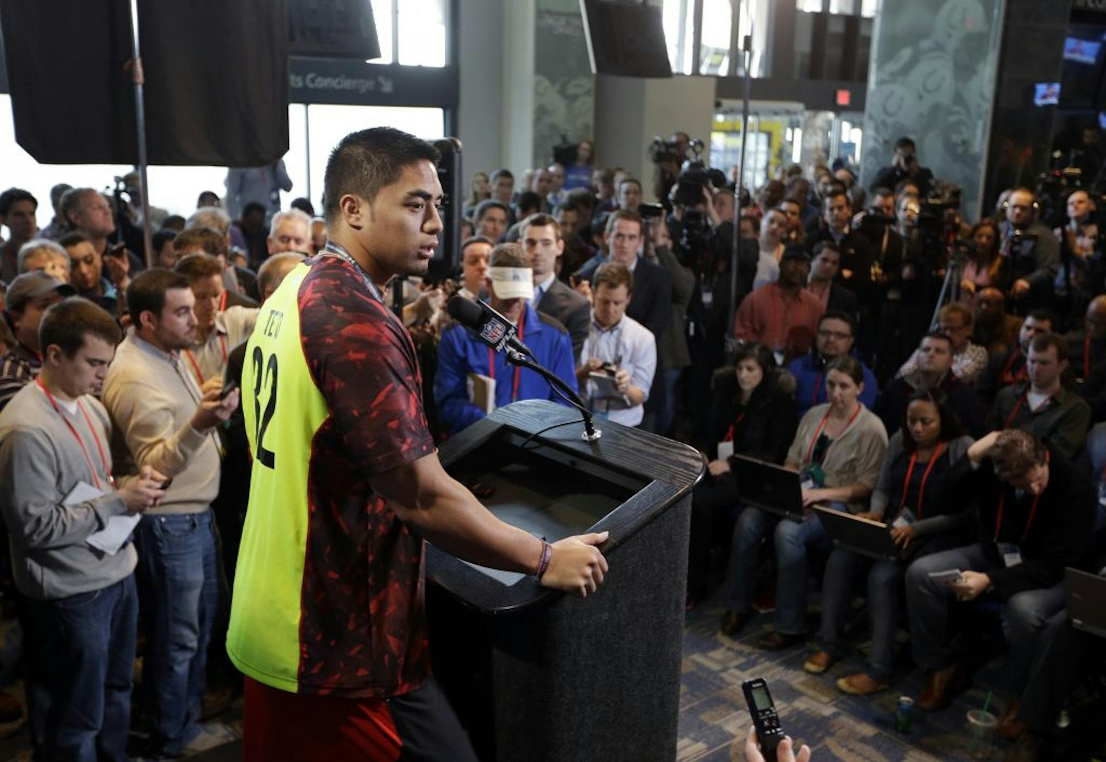 Notre Dame linebacker Manti Te'o answers a question during a news conference at the NFL football scouting combine in Indianapolis, Saturday, Feb. 23, 2013.