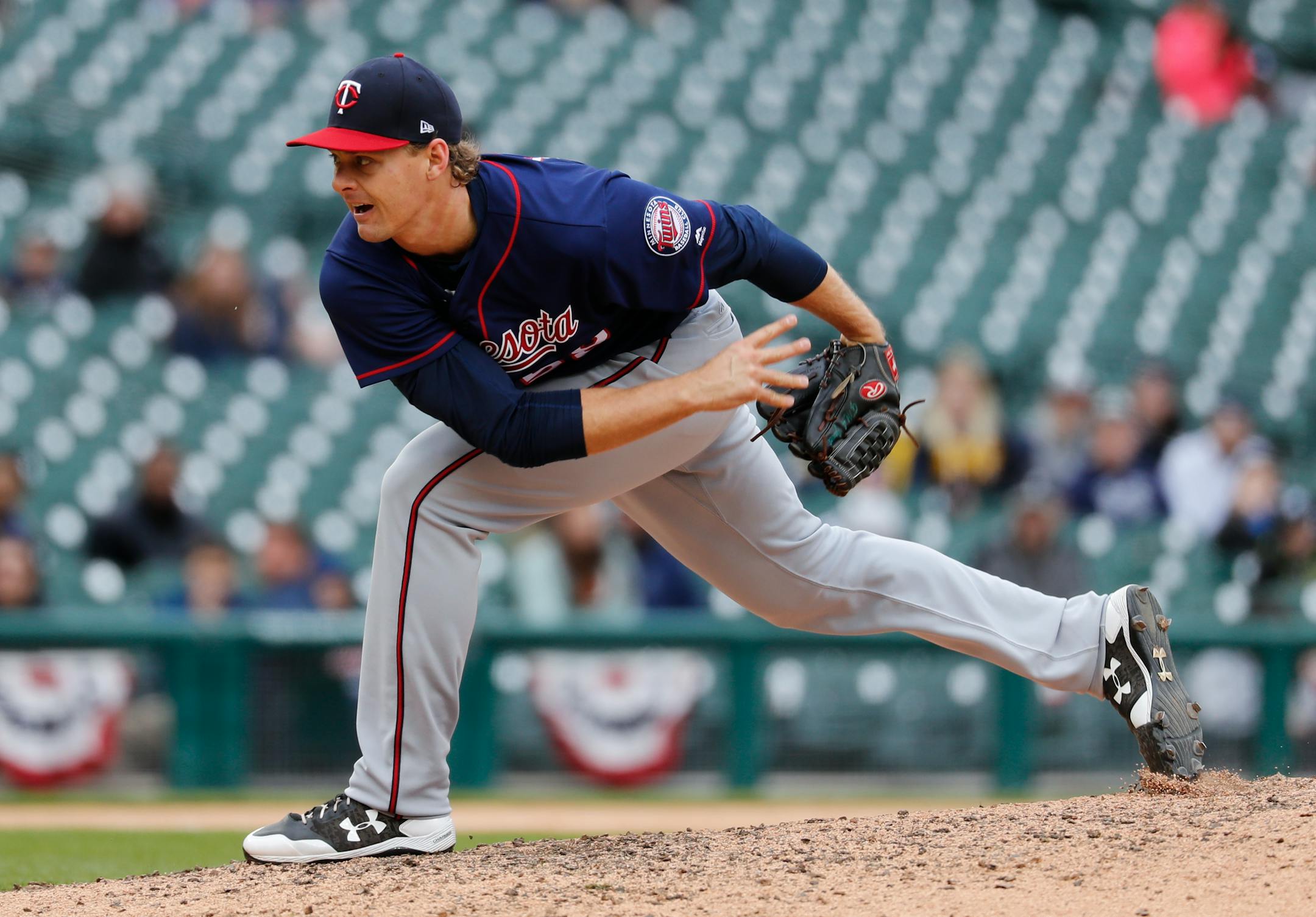 Minnesota Twins relief pitcher Justin Haley throws against the Detroit Tigers in the ninth inning of a baseball game in Detroit, Thursday, April 13, 2017. Minnesota won 11-5. (AP Photo/Paul Sancya)
