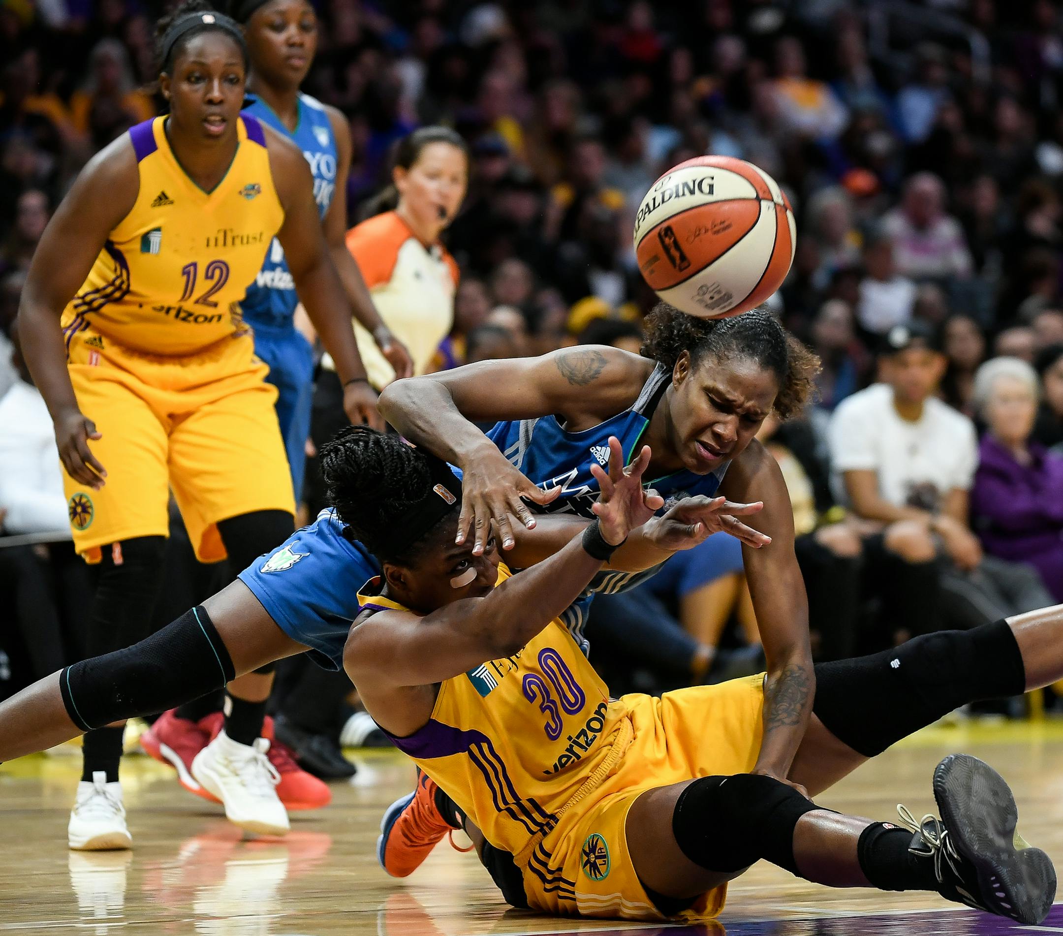 The ball was ripped from the hands of Minnesota Lynx forward Rebekkah Brunson (32) by Los Angeles Sparks forward Nneka Ogwumike (30) for a second quarter turnover Sunday. ] AARON LAVINSKY &#xef; aaron.lavinsky@startribune.com The Minnesota Lynx played the Los Angeles Sparks in game four of the WNBA Finals on Sunday, Oct. 1, 2017 at Staples Center in Los Angeles, California.