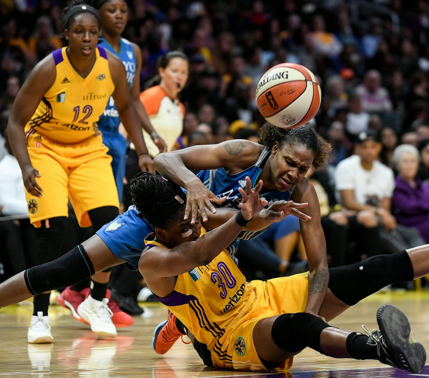 The ball was ripped from the hands of Minnesota Lynx forward Rebekkah Brunson (32) by Los Angeles Sparks forward Nneka Ogwumike (30) for a second quarter turnover Sunday. ] AARON LAVINSKY &#xef; aaron.lavinsky@startribune.com The Minnesota Lynx played the Los Angeles Sparks in game four of the WNBA Finals on Sunday, Oct. 1, 2017 at Staples Center in Los Angeles, California.