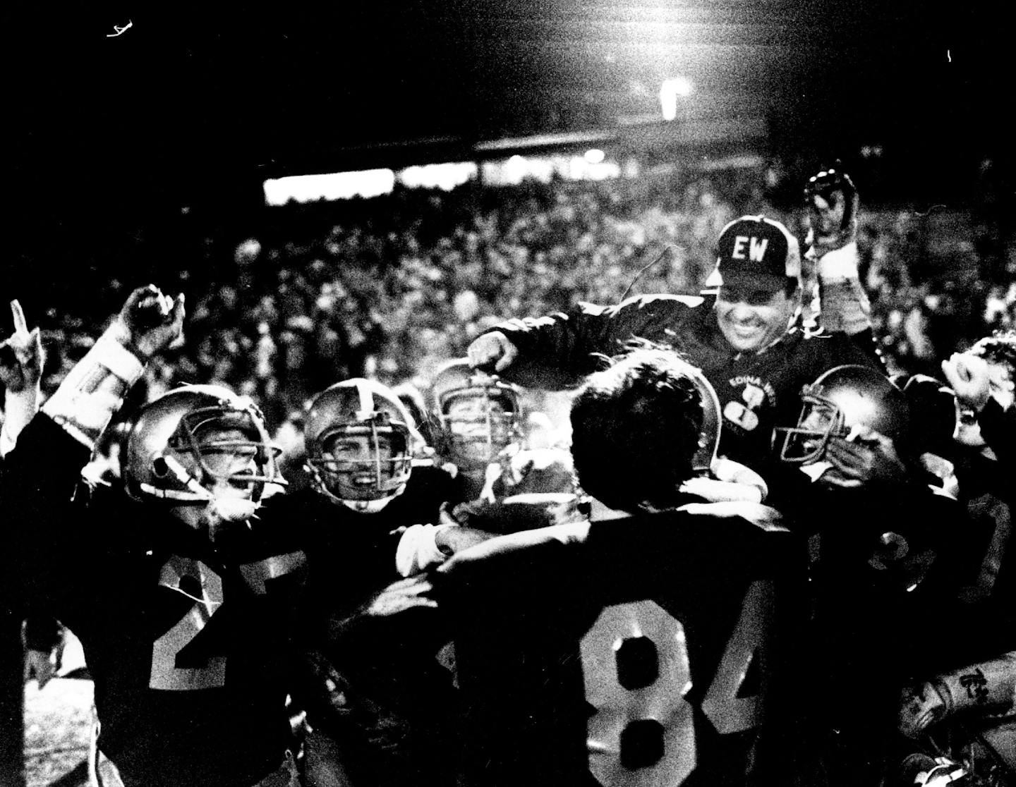 November 18, 1978 Edina-West Coach Stav Canakes enjoyed the traditional winning ride off the field after the Cougars defeated Fridley 21-0 Friday night at Parade Stadium for the Class AA Minnesota high school football championship. November 17, 1978 Pete Hohn, Minneapolis Star Tribune