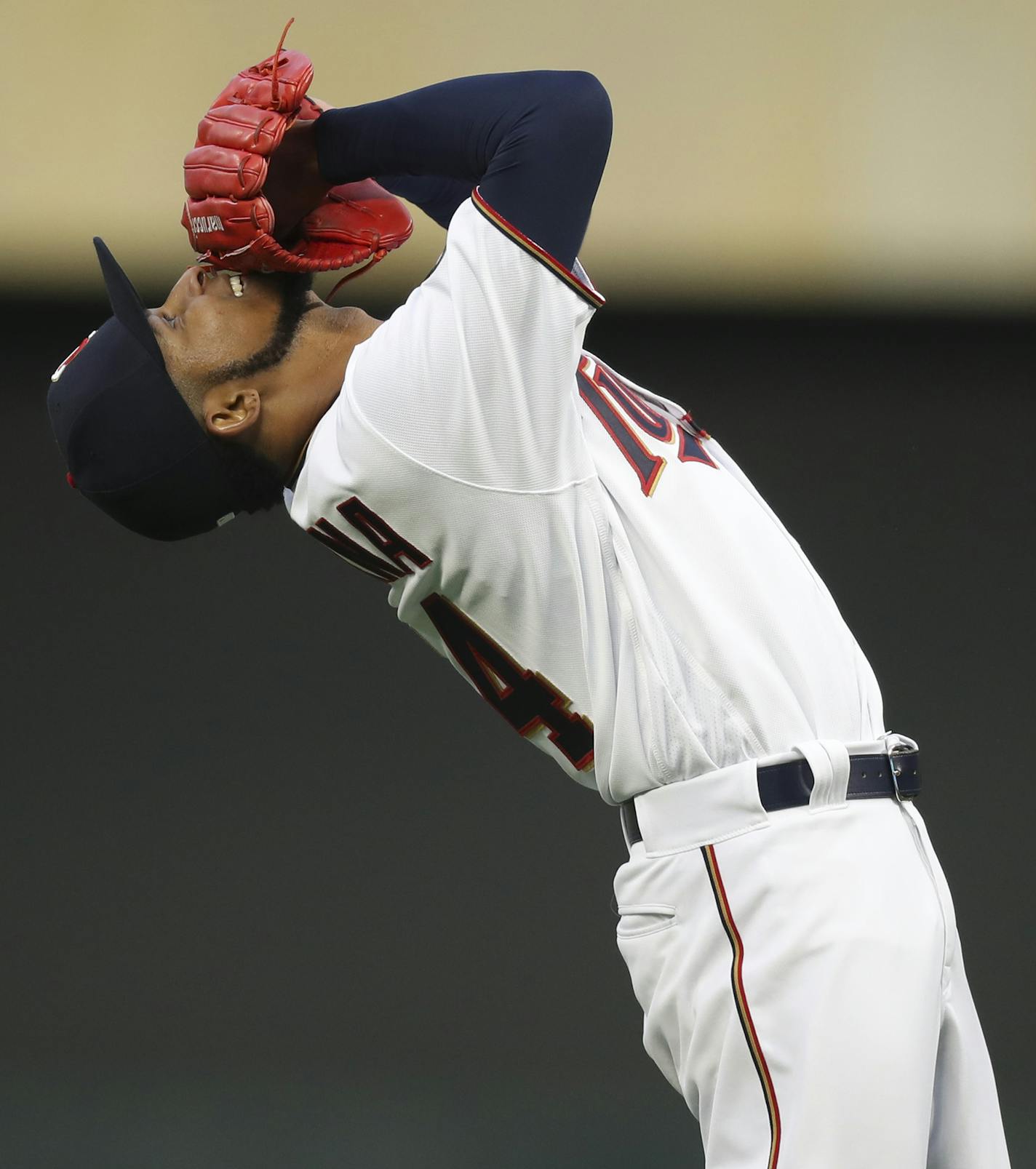 Twins' pitcher Ervin Santana reacted when what he thought was a third strike to Brandon Moss in the seventh inning was called a ball. Santana got the strikeout a couple of pitches later. ] JEFF WHEELER &#xef; jeff.wheeler@startribune.com The Minnesota Twins faced the Kansas City Royals in their home opener Monday afternoon, April 3, 2017 at Target Field in Minneapolis.