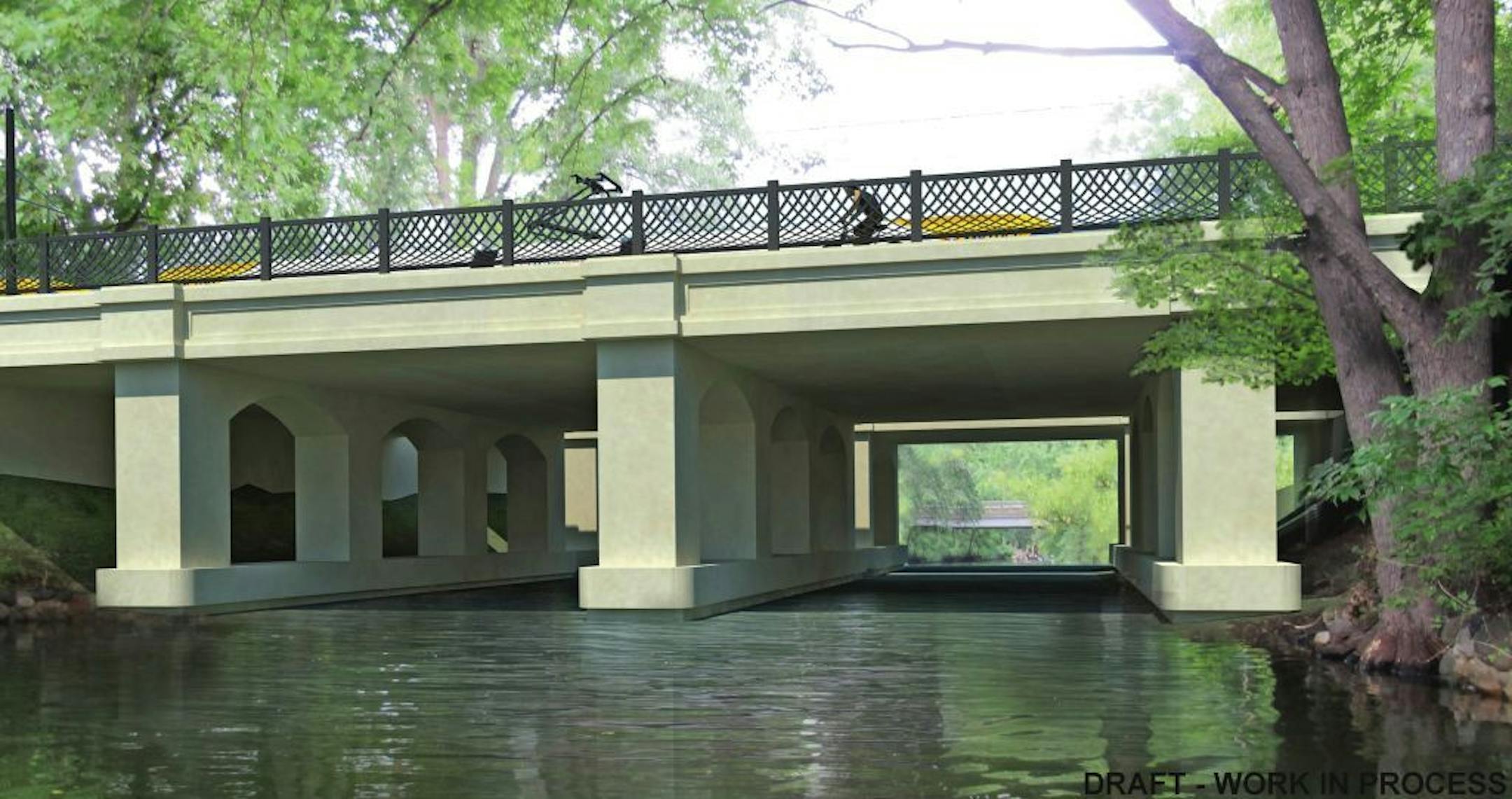 Arched Pier Concept: Concrete arched piers would support a concrete deck with steel railings, recalling the essence of the existing rail bridges of the Chain of Lakes area. View is looking west with the Burnham Road Bridge in the background.