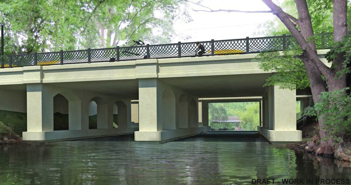 Arched Pier Concept: Concrete arched piers would support a concrete deck with steel railings, recalling the essence of the existing rail bridges of the Chain of Lakes area. View is looking west with the Burnham Road Bridge in the background.