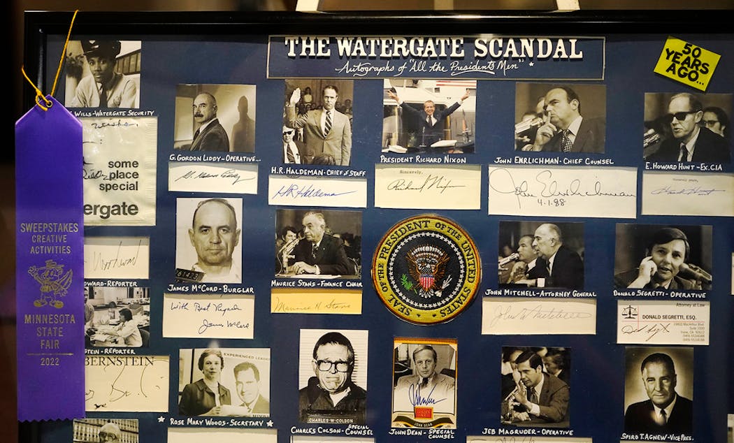 Tom Barrett began collecting Watergate-related autographs in 1980 and just obtained Howard Hunt’s autograph this summer. Barrett’s favorite is that of security guard Frank Wills, upper left, his first autograph from the group, signed on a napkin.