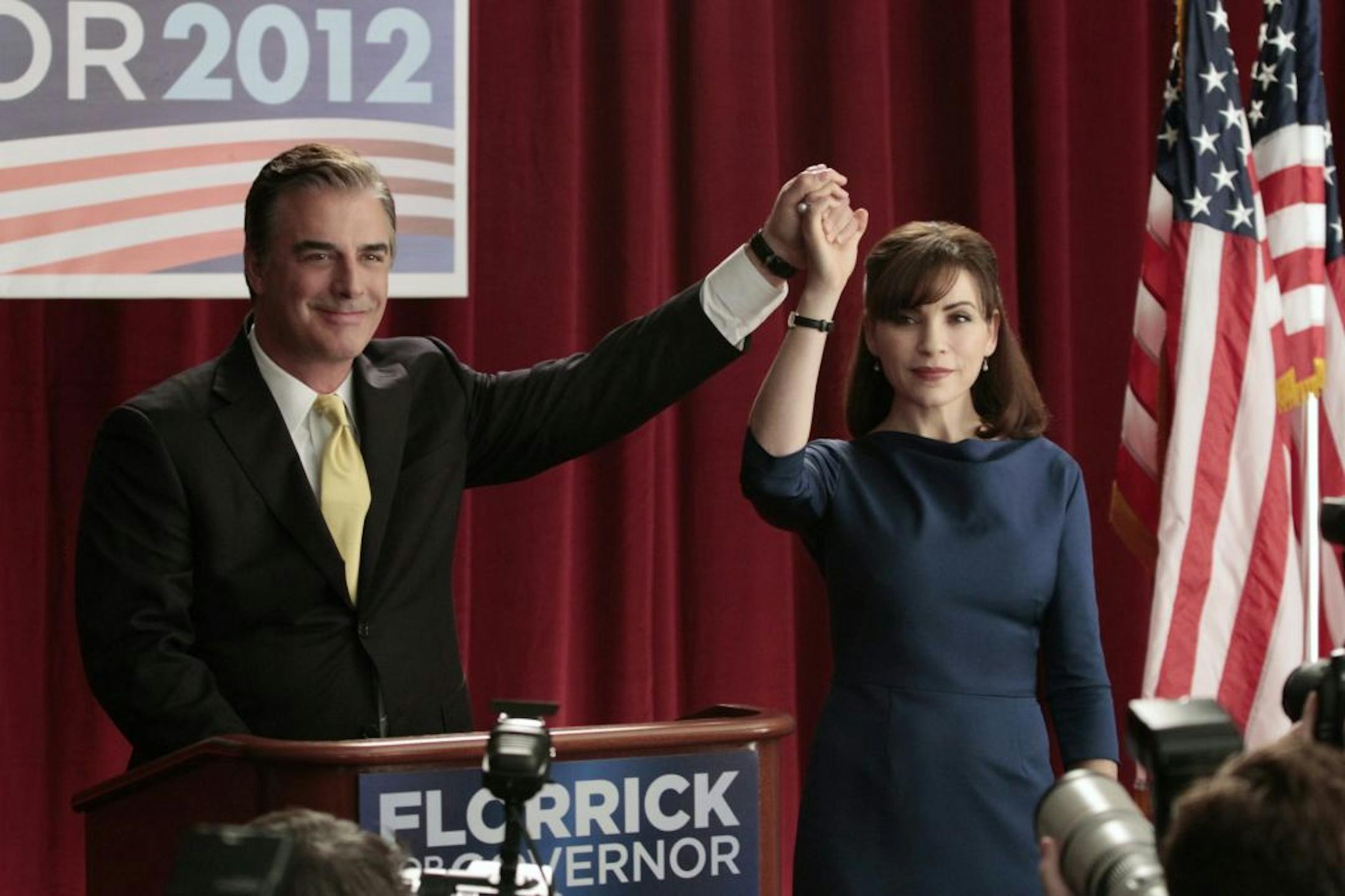 In this publicity photo released by CBS Entertainment, Julianna Margulies , right, as Alicia, joins Chris Noth, as her estranged husband, Peter, are shown in a scene from "The Good Wife." Margulies was nominatd for an Emmy award for outstanding lead actress in a drama series for her role in "The Good Wife." The 64th annual Primetime Emmy Awards will be presented Sept. 23 at the Nokia Theatre in Los Angeles, hosted by Jimmy Kimmel and airing live on ABC.