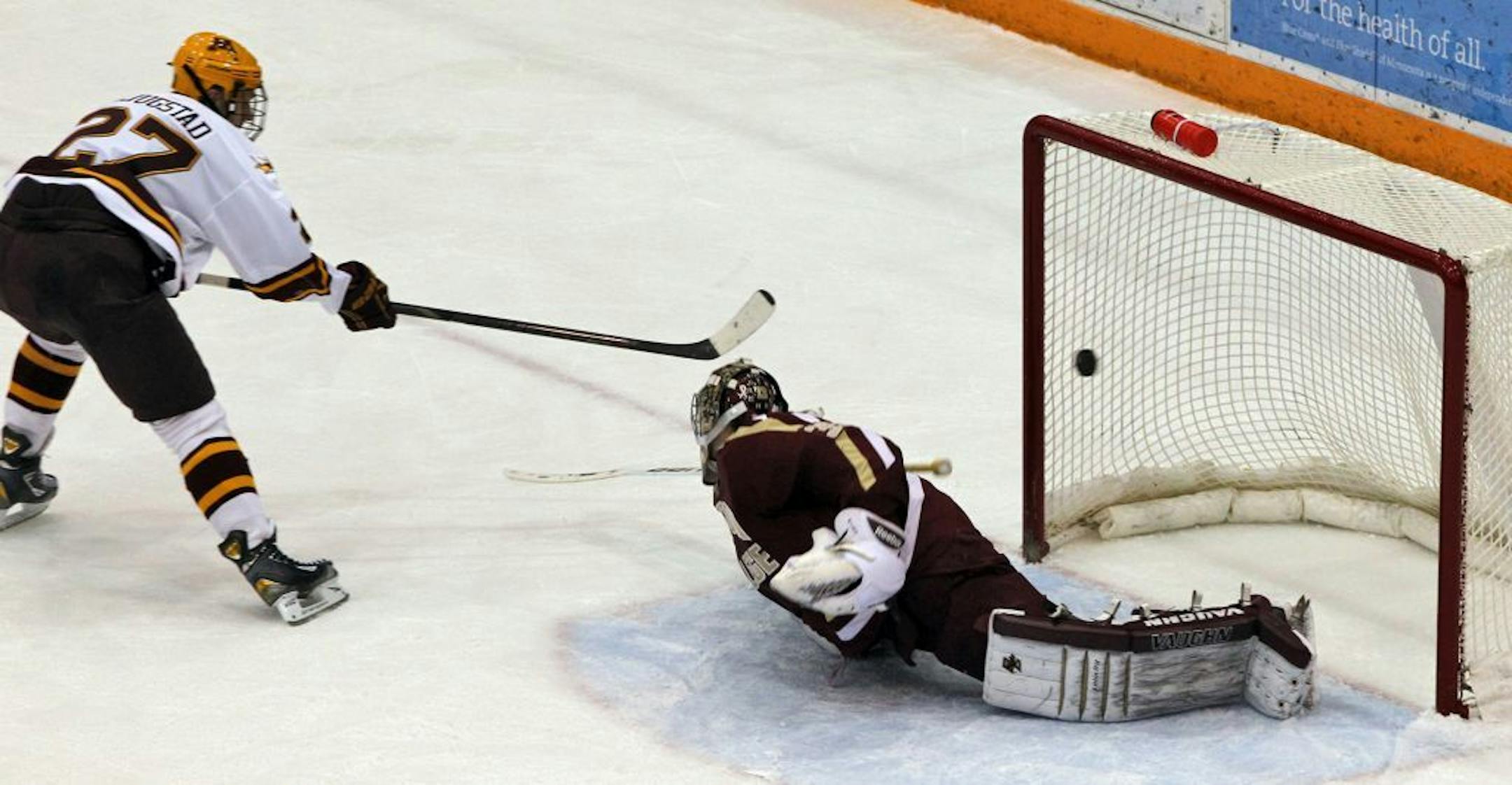 The Gophers' Nick Bjugstad scored the second goal of the game, beating Boston College goalie Parker Milner in first-period action of Minnesota's 8-1 victory in the Mariucci Classic final on Sunday.