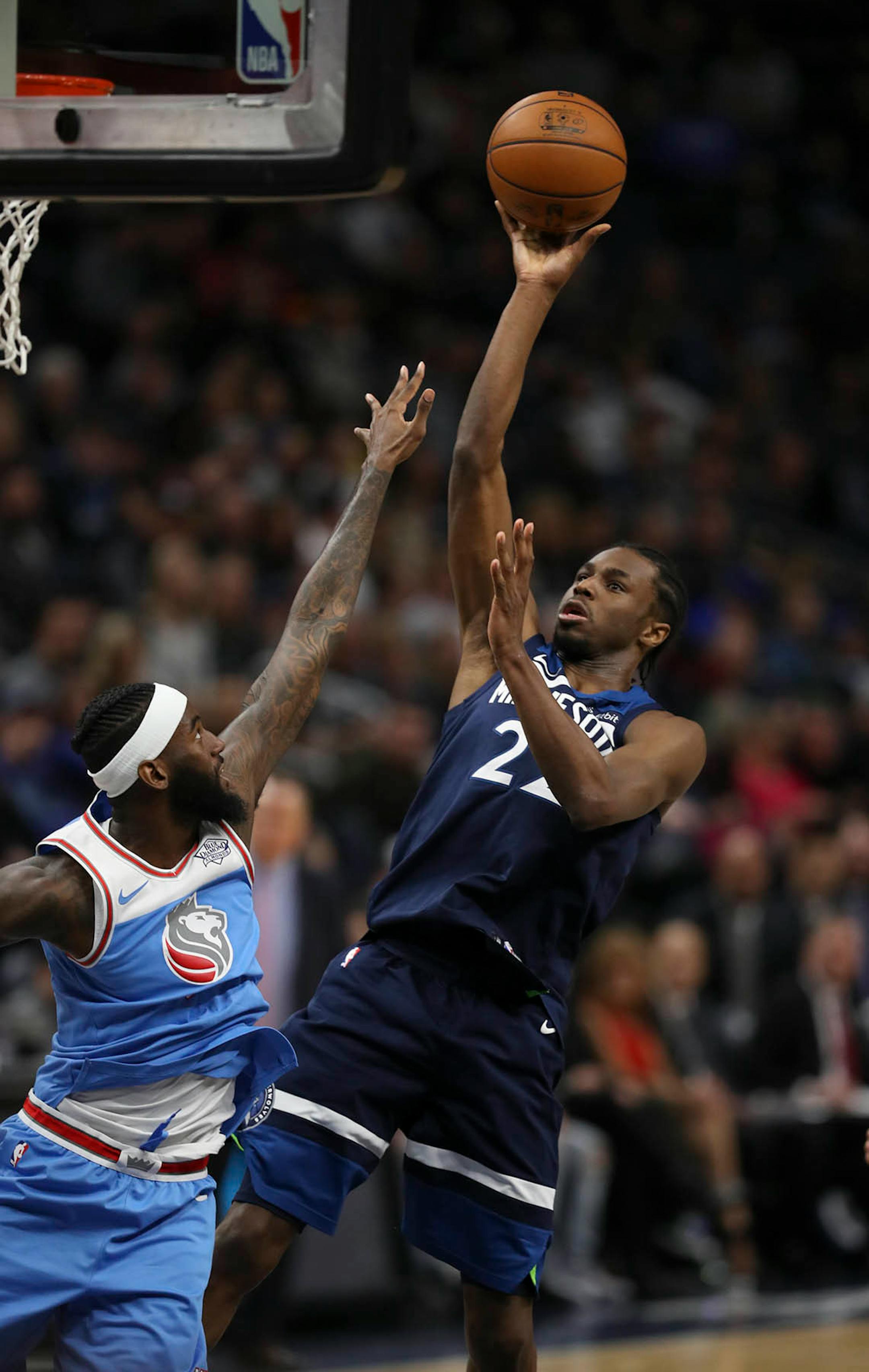 Minnesota Timberwolves forward Andrew Wiggins (22) shot over Sacramento Kings forward JaKarr Sampson (29) in the third quarter. Wiggins finished with 16 points for the night.