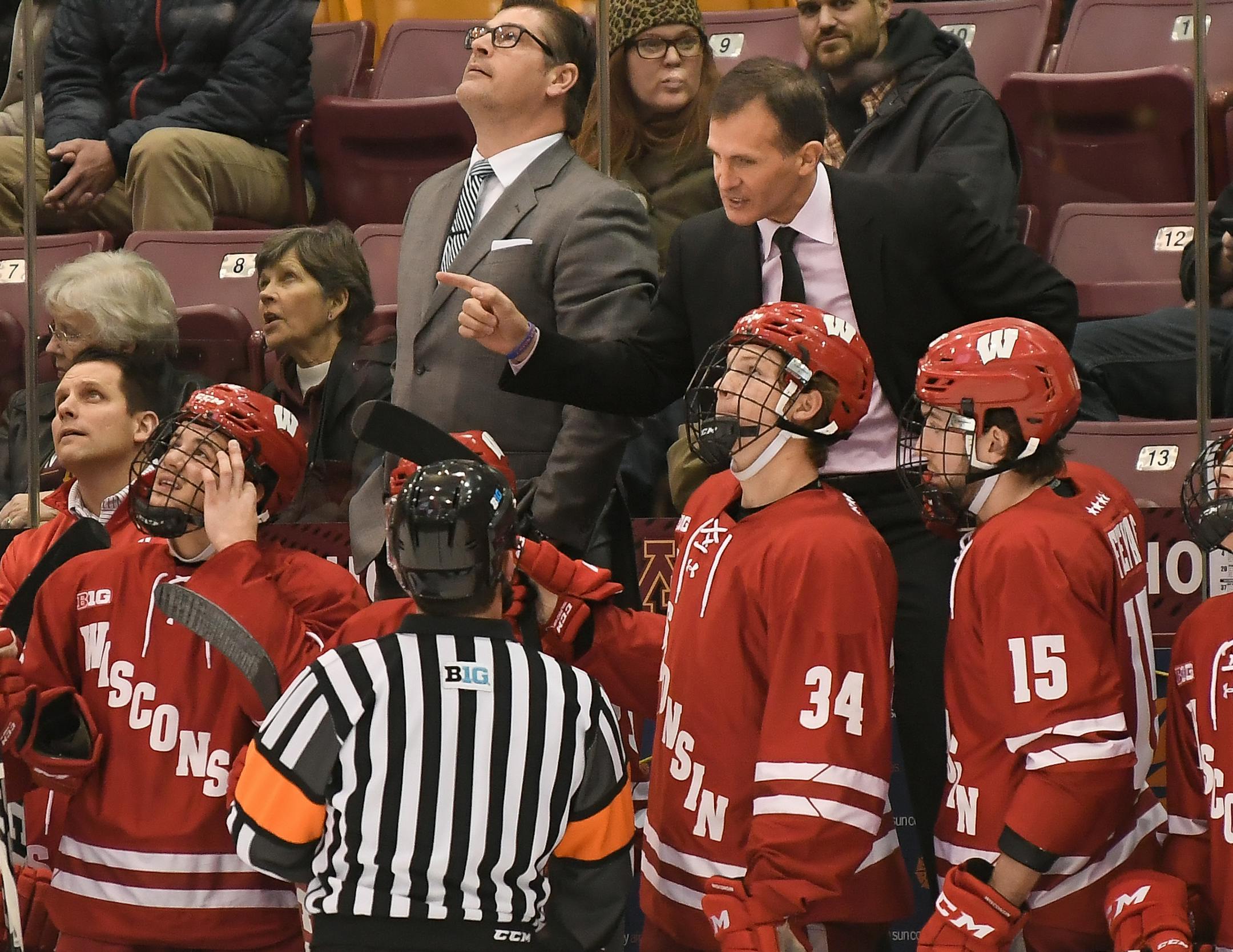 Wisconsin Badgers head coach Tony Granato argued a no-call with an official in the first period against the Minnesota Golden Gophers. ] AARON LAVINSKY ï aaron.lavinsky@startribune.com The University of Minnesota Golden Gophers played the University of Wisconsin Badgers in a men's hockey game on Friday, Dec. 1, 2017 at the 3M Arena at Mariucci.