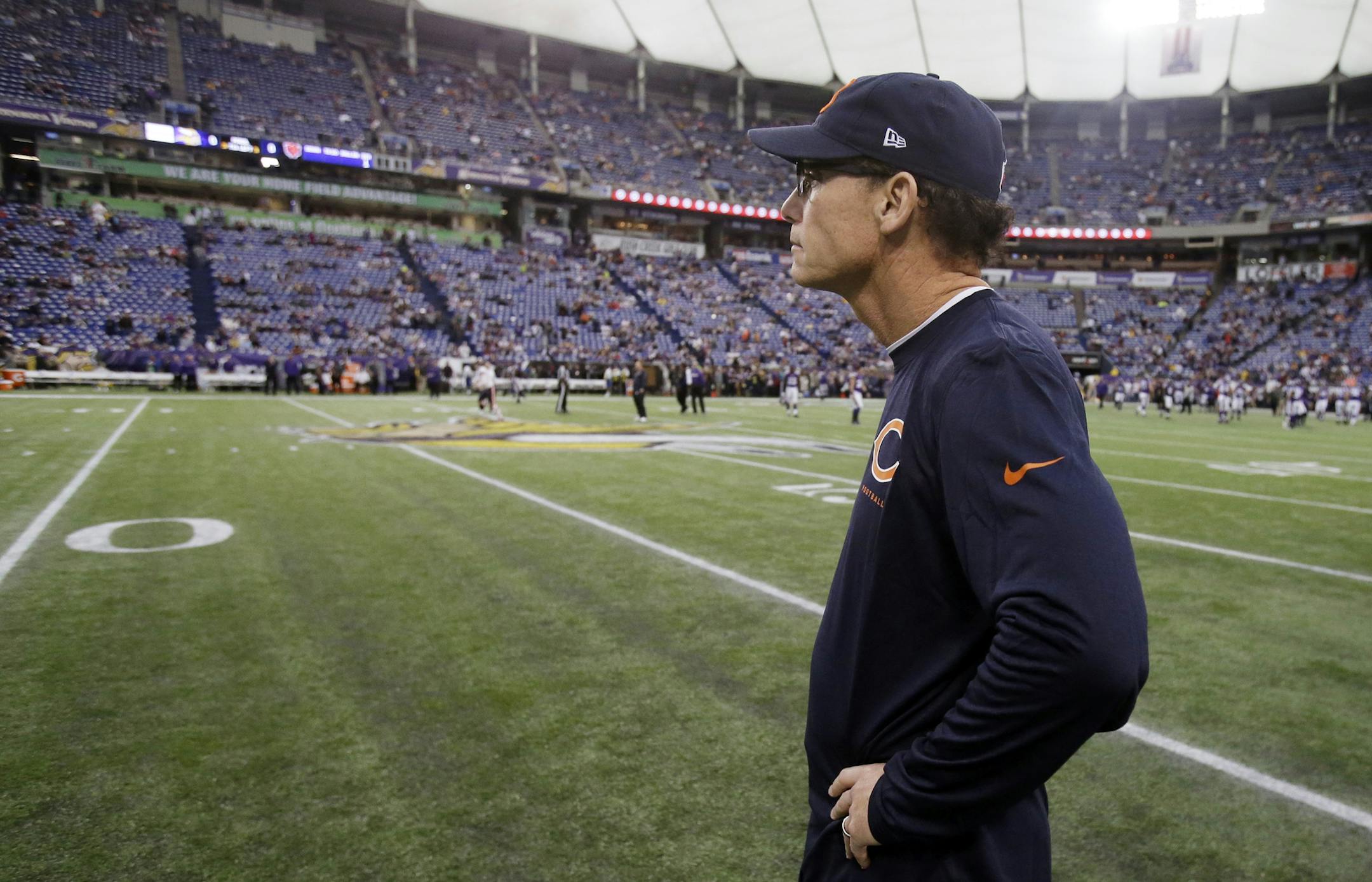 Marc Trestman watched during warmups before Sunday’s game against the Vikings, and things got considerably warmer for him after being criticized for attempting a 47-yard kick on second down in overtime. The kick missed.