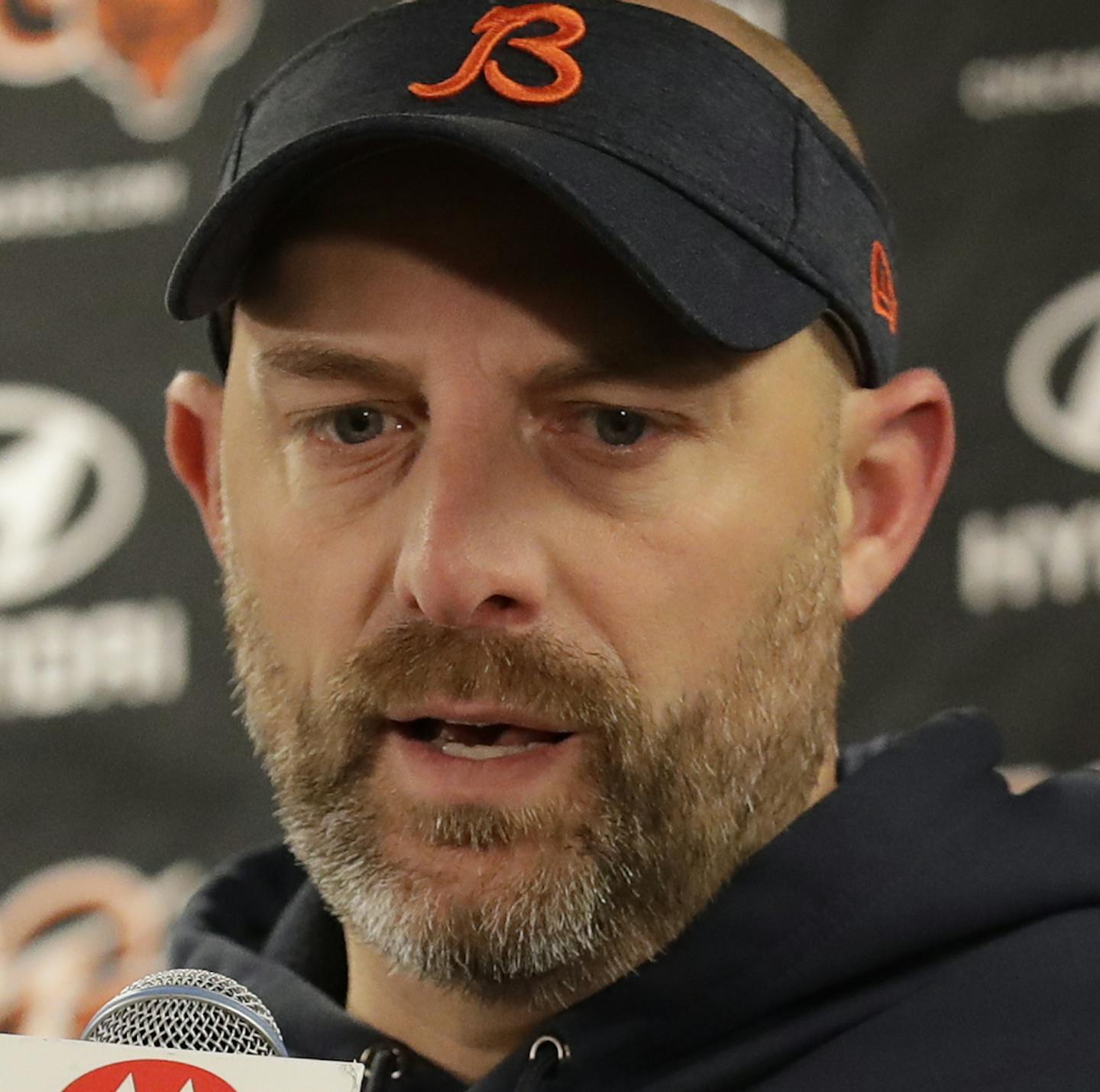 Chicago Bears head coach Matt Nagy talks to the media after an NFL football game against the Kansas City Chiefs in Chicago, Sunday, Dec. 22, 2019. (AP Photo/Nam Y. Huh)