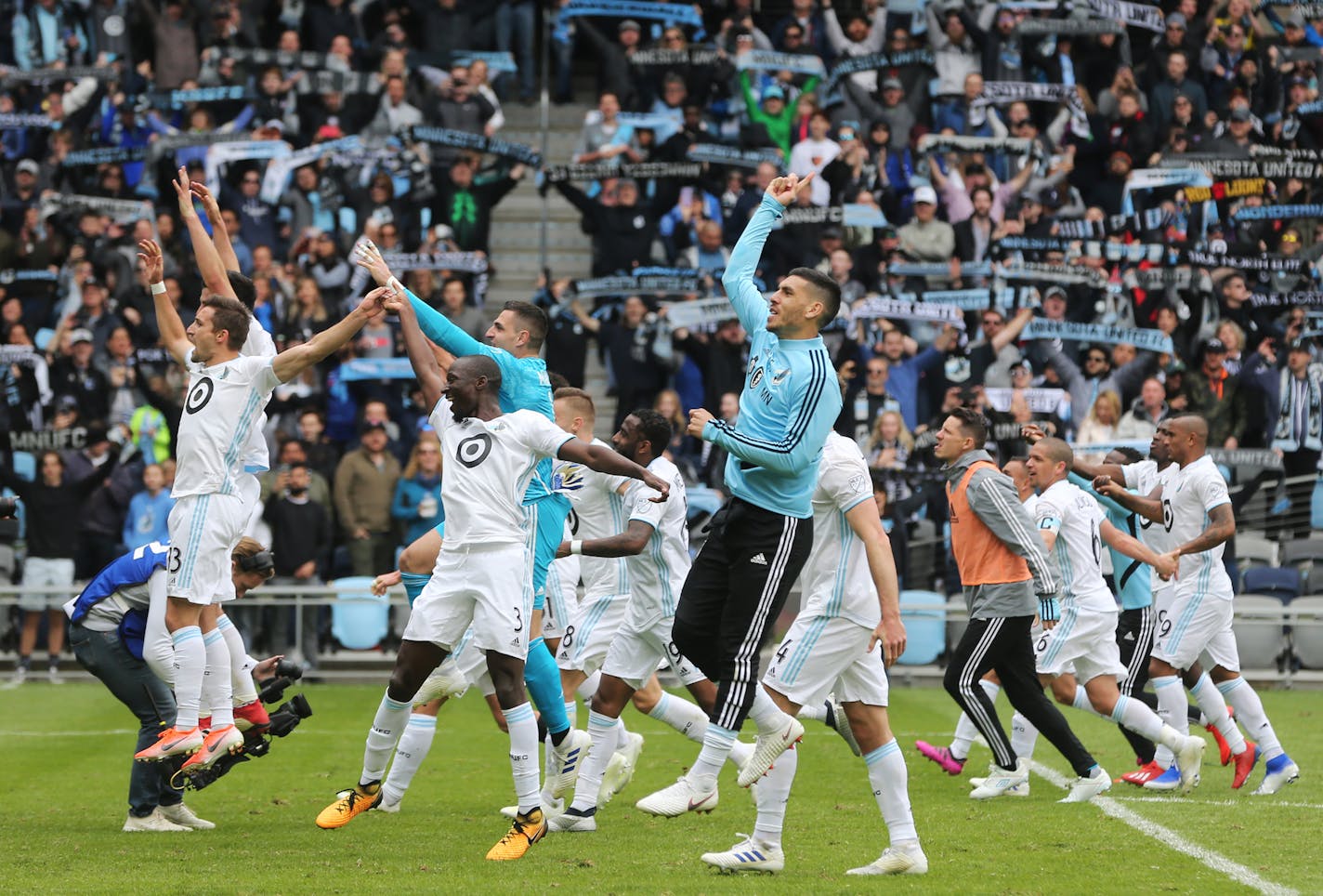 The Loons jumped up for "Wonder Wall" by Oasis as they celebrated the team's first home win in the new Allianz Field in St. Paul in April 2019.