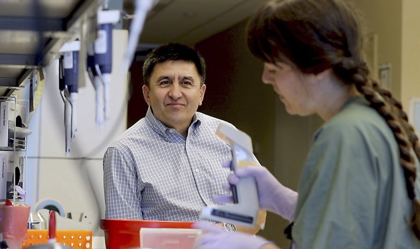 In this July 31, 2017 photo provided by Oregon Health & Science University, Shoukhrat Mitalipov, left, talks with research assistant Hayley Darby in the Mitalipov Lab at OHSU in Portland, Ore. Mitalipov led a research team that, for the first time, used gene editing to repair a disease-causing mutation in human embryos, laboratory experiments that might one day help prevent inherited diseases from being passed to future generations.