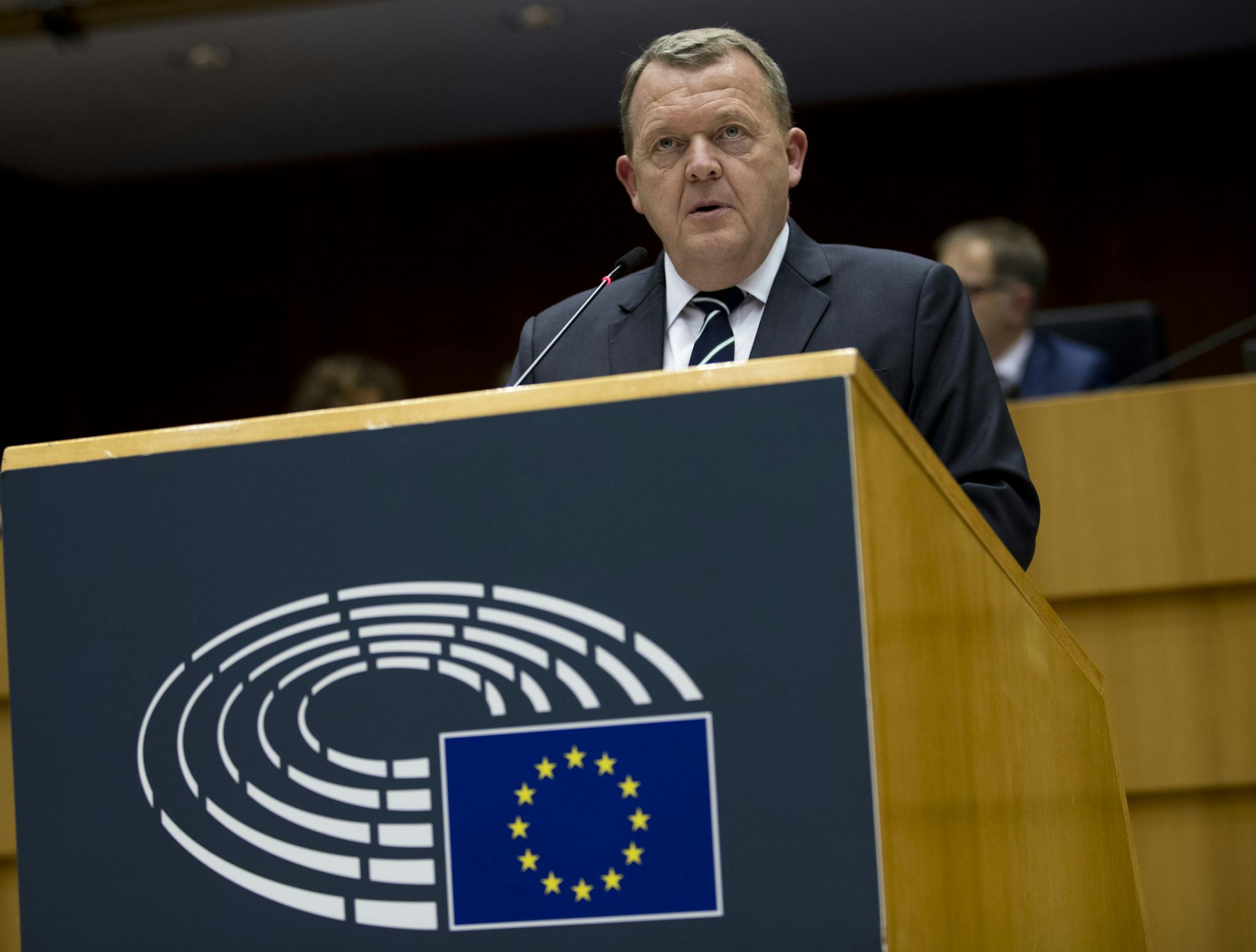 Denmark's Prime Minister Lars Lokke Rasmussen addresses European Union lawmakers at the European Parliament in Brussels, Wednesday, Nov. 28, 2018. (AP Photo/Francisco Seco) ORG XMIT: FS109